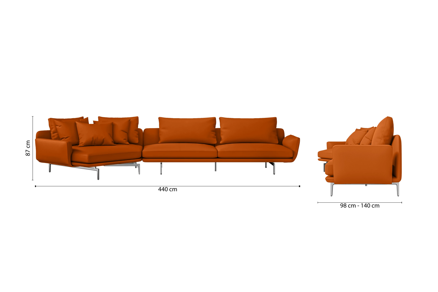 Legnano 5 Seater Left Hand Facing Chaise Lounge Corner Sofa Orange Leather