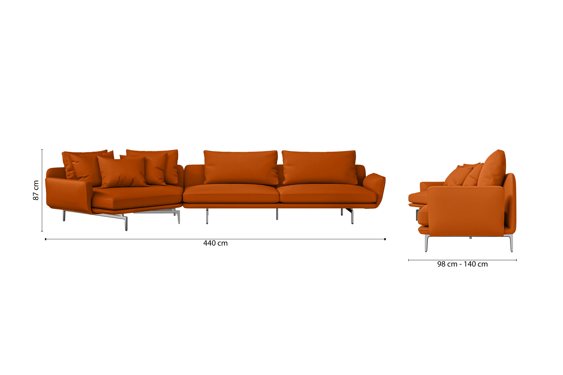 Legnano 5 Seater Left Hand Facing Chaise Lounge Corner Sofa Orange Leather