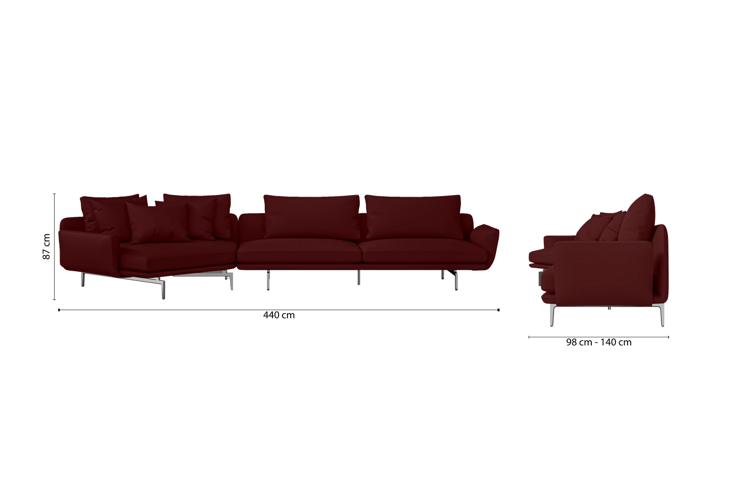 Legnano 5 Seater Left Hand Facing Chaise Lounge Corner Sofa Red Leather