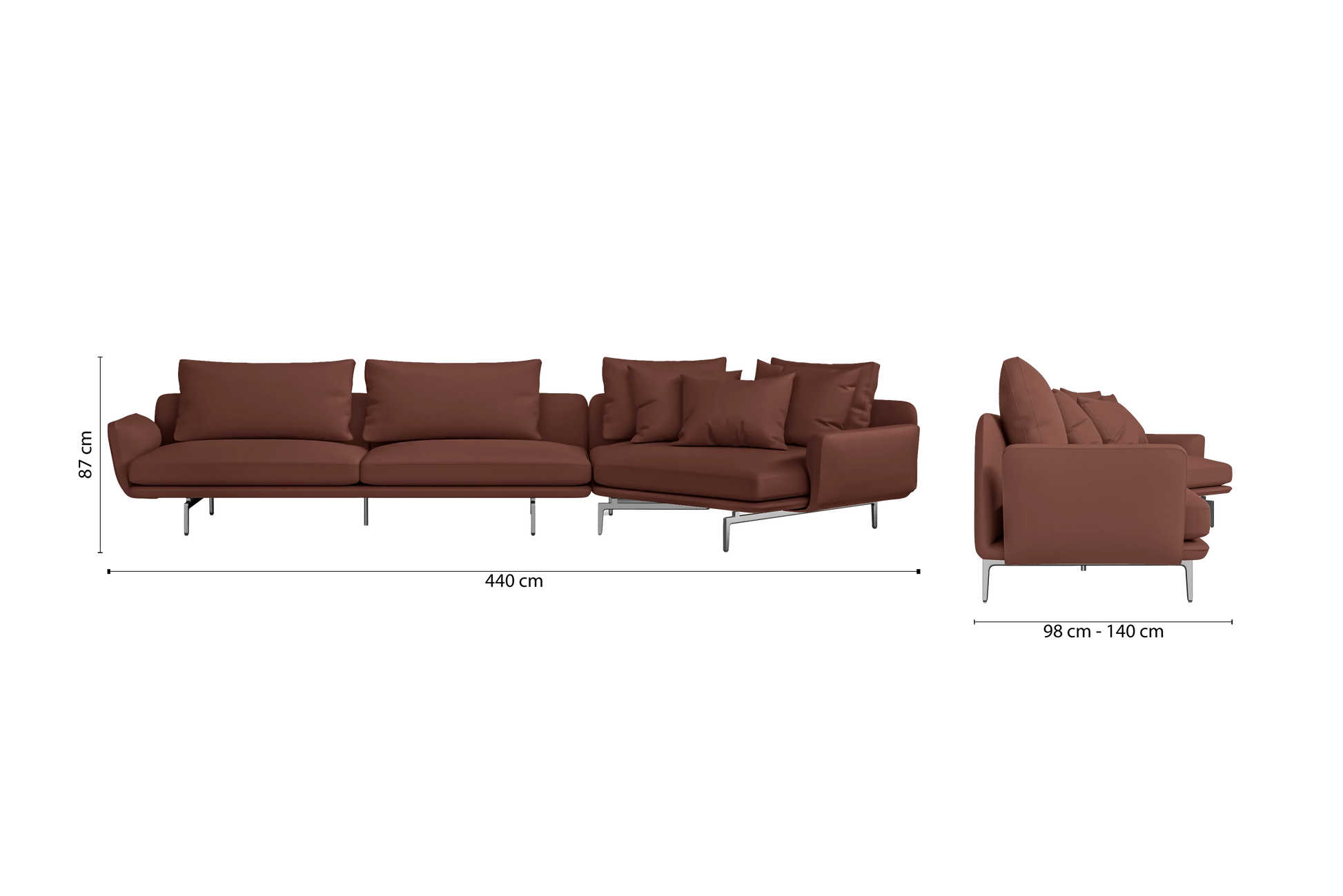 Legnano 5 Seater Right Hand Facing Chaise Lounge Corner Sofa Mauve Leather