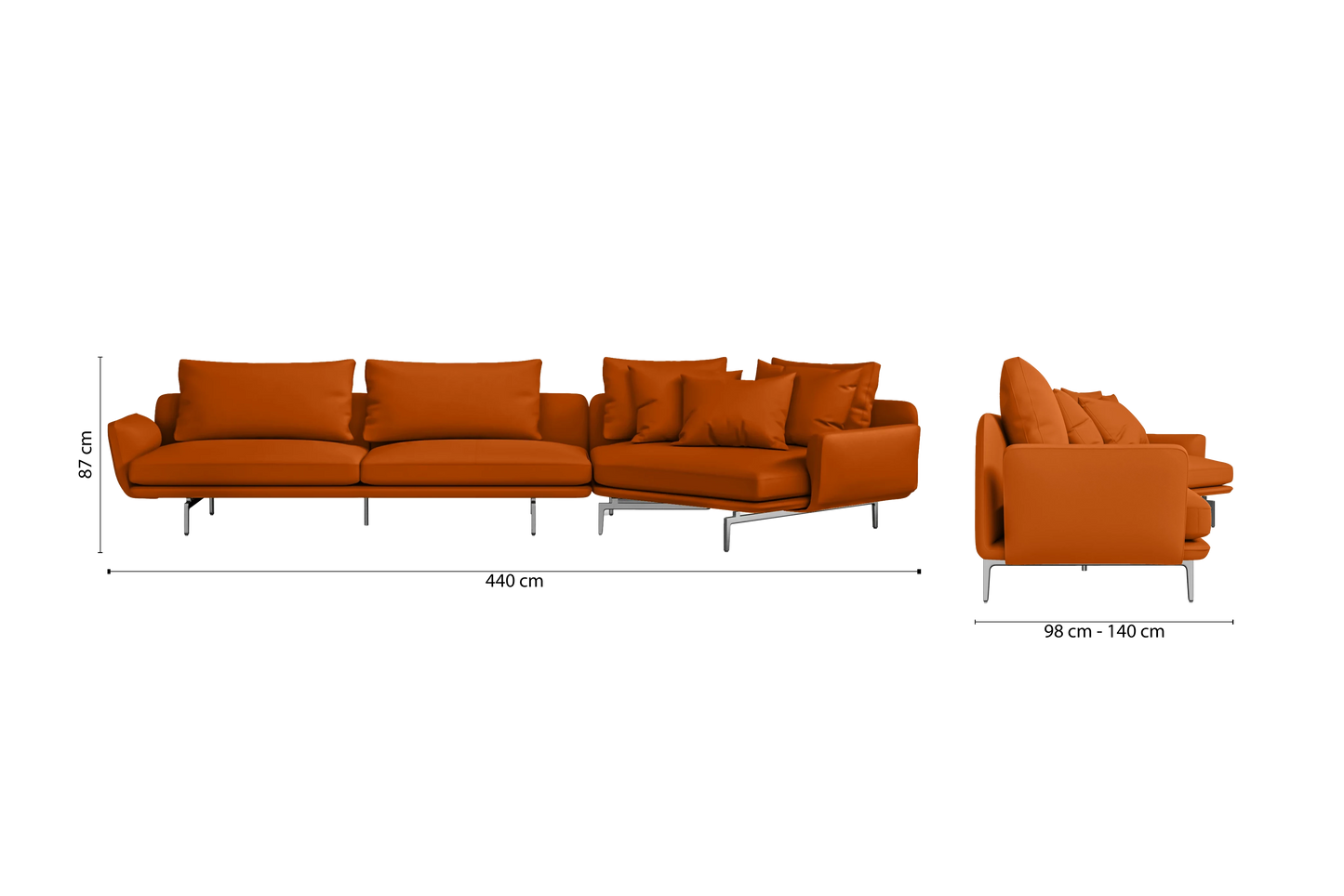 Legnano 5 Seater Right Hand Facing Chaise Lounge Corner Sofa Orange Leather