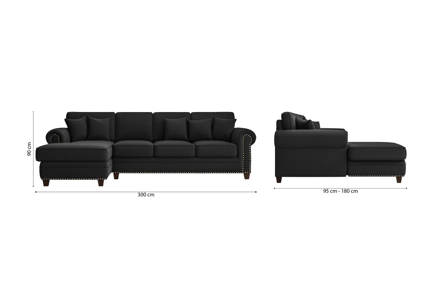 Marano 4 Seater Left Hand Facing Chaise Lounge Corner Sofa Black Linen Fabric