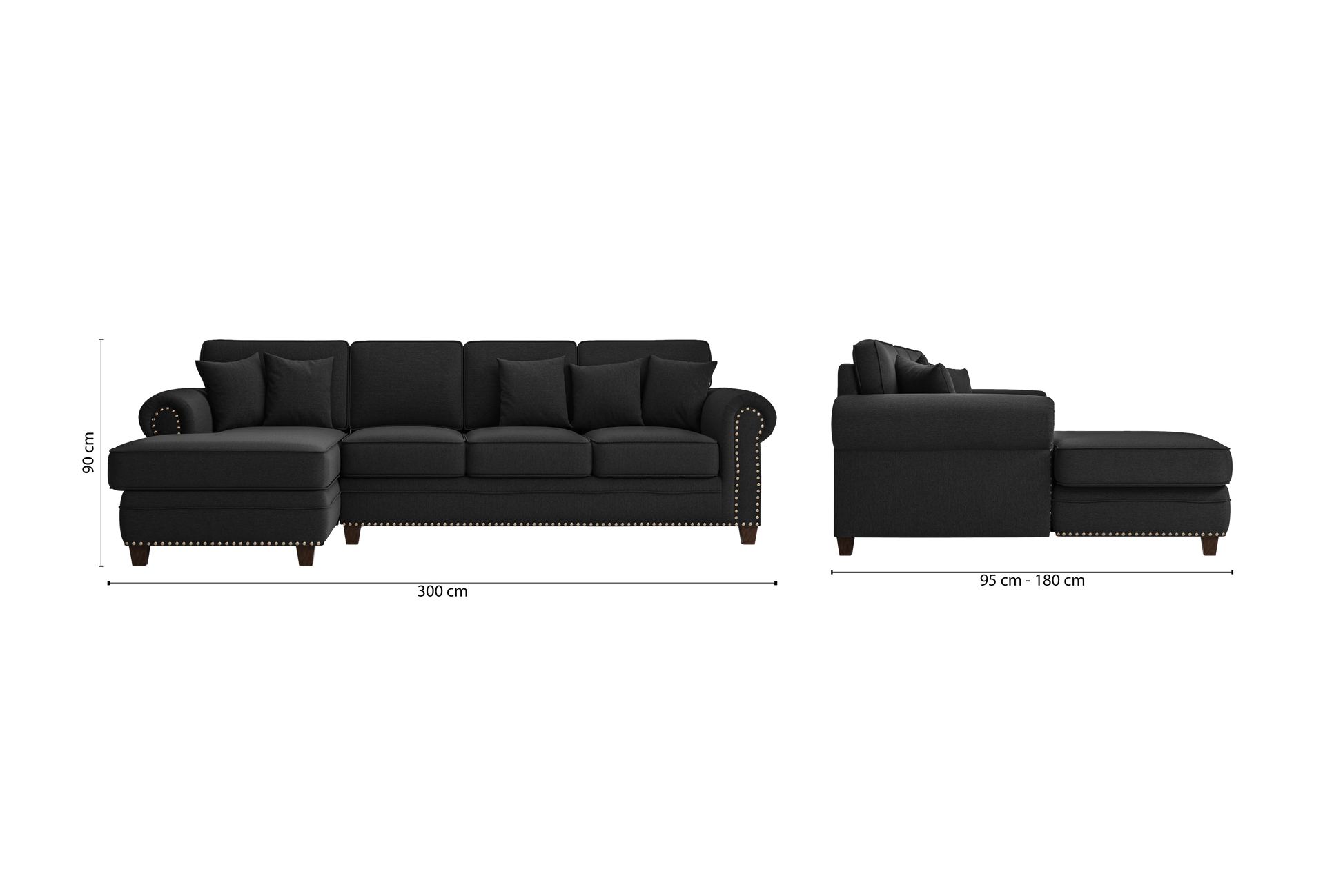 Marano 4 Seater Left Hand Facing Chaise Lounge Corner Sofa Black Linen Fabric