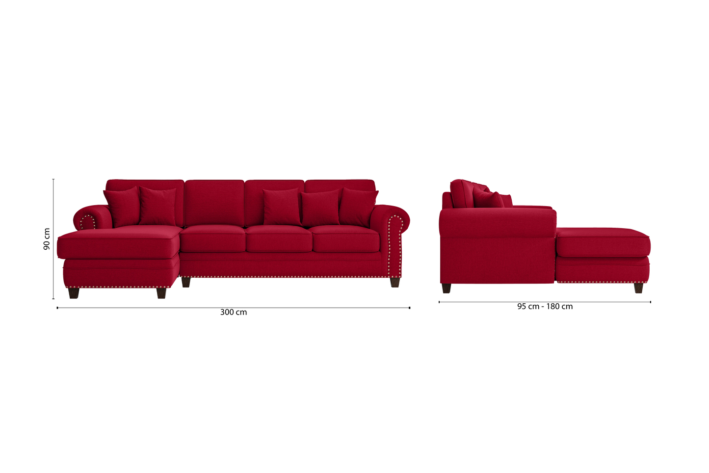 Marano 4 Seater Left Hand Facing Chaise Lounge Corner Sofa Red Linen Fabric