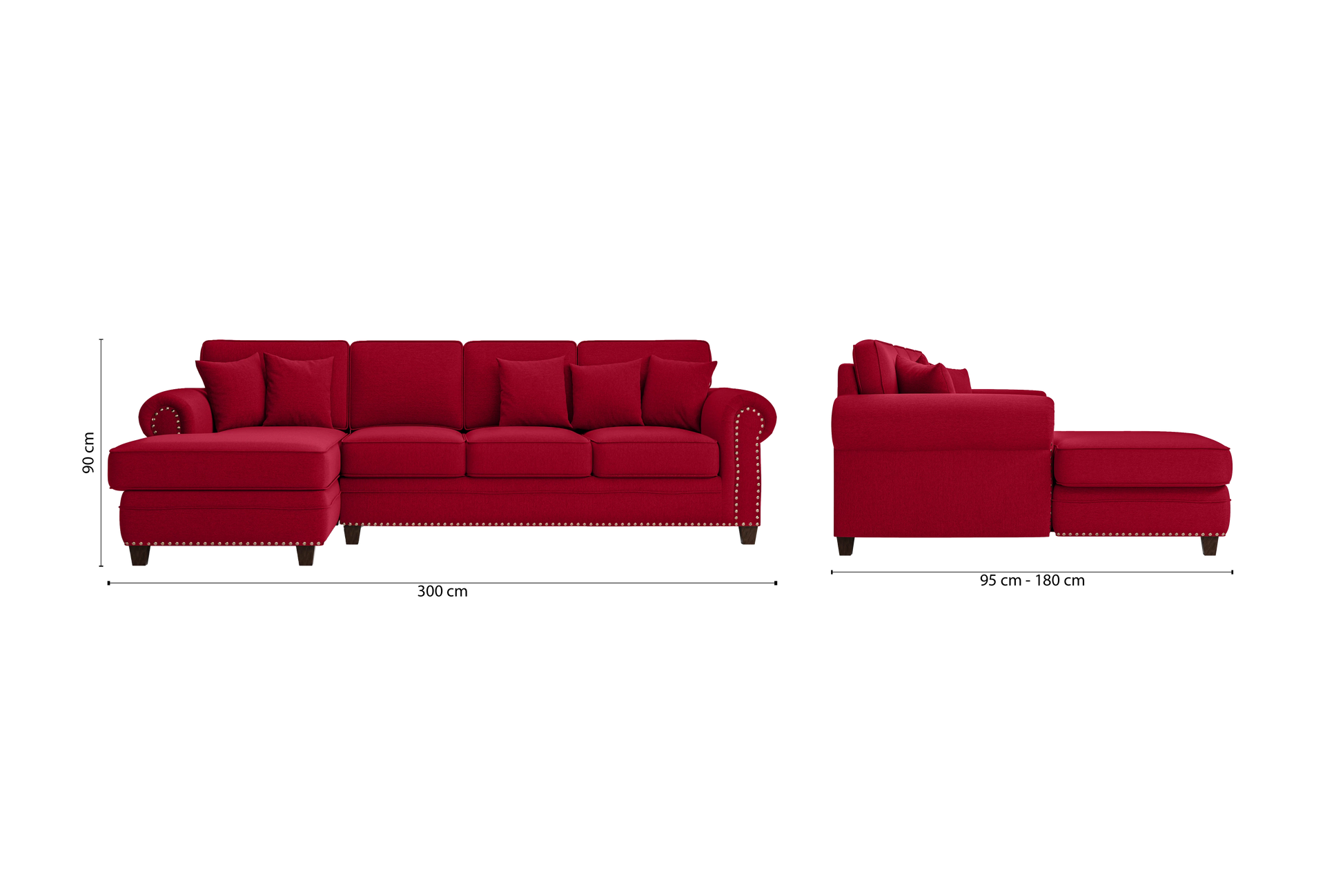 Marano 4 Seater Left Hand Facing Chaise Lounge Corner Sofa Red Linen Fabric