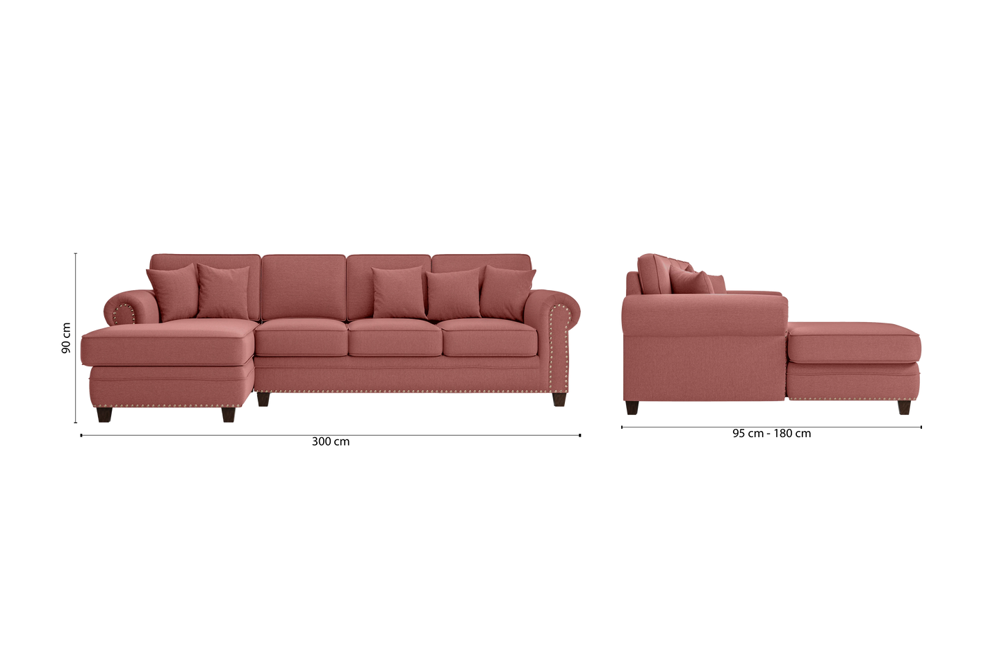 Marano 4 Seater Left Hand Facing Chaise Lounge Corner Sofa Rose Pink Linen Fabric