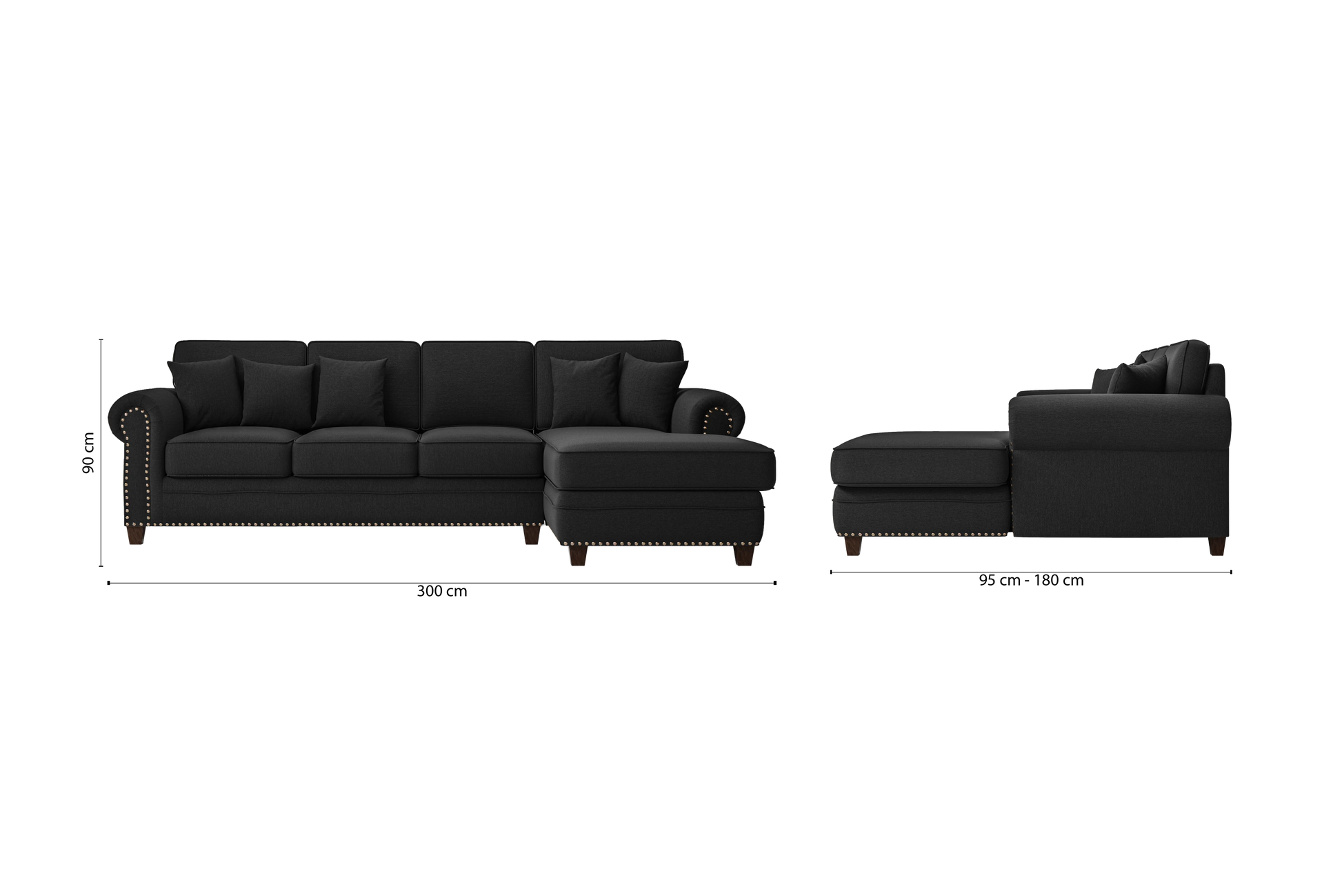 Marano 4 Seater Right Hand Facing Chaise Lounge Corner Sofa Black Linen Fabric