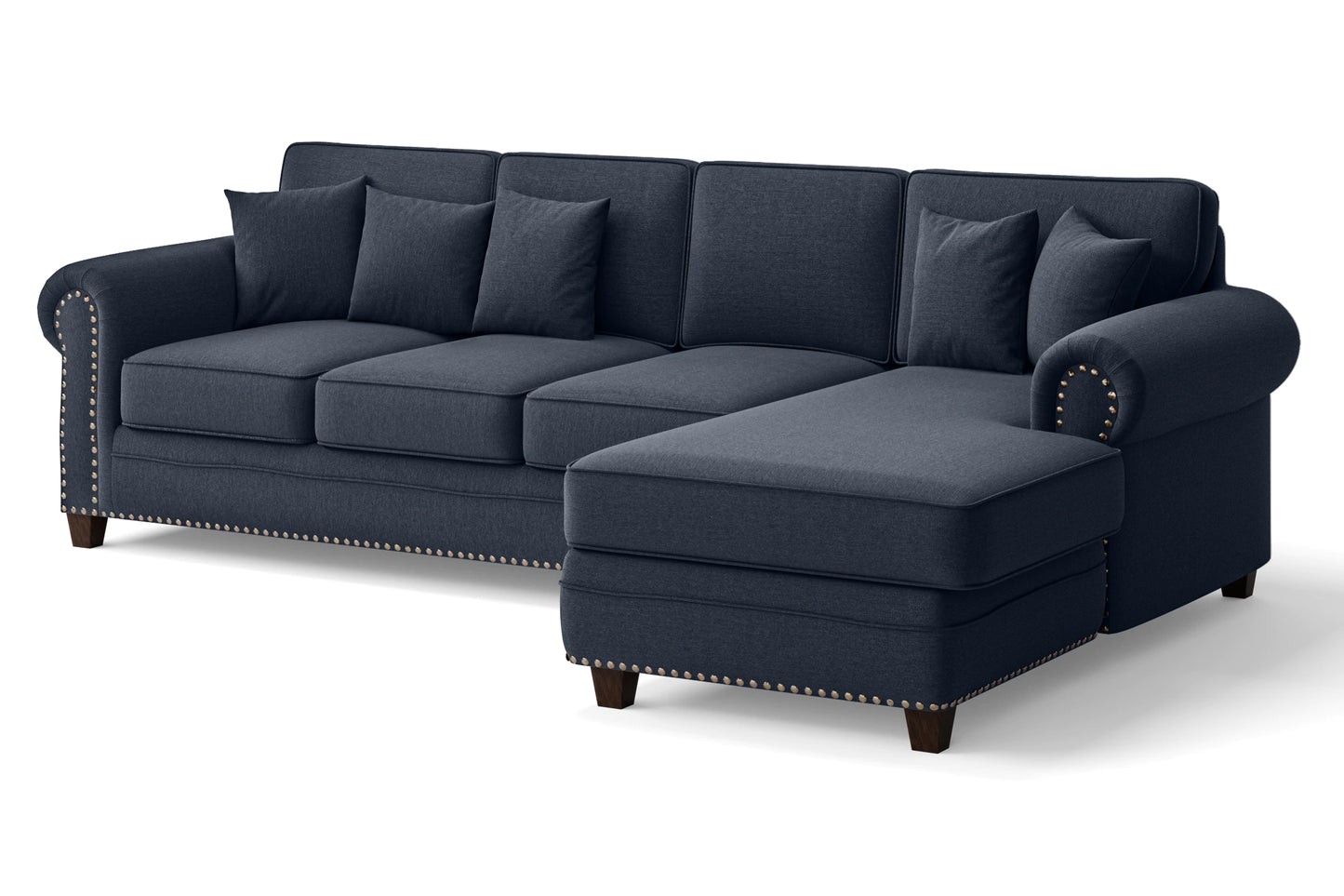 Marano 4 Seater Right Hand Facing Chaise Lounge Corner Sofa Dark Blue Linen Fabric