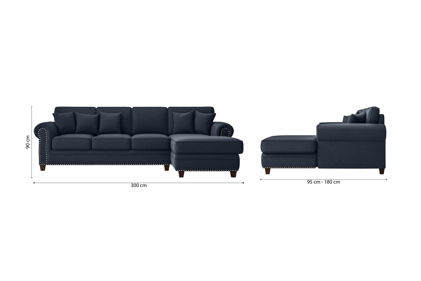 Marano 4 Seater Right Hand Facing Chaise Lounge Corner Sofa Dark Blue Linen Fabric