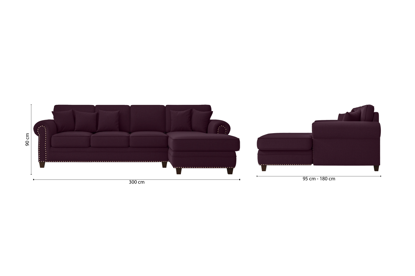 Marano 4 Seater Right Hand Facing Chaise Lounge Corner Sofa Purple Linen Fabric