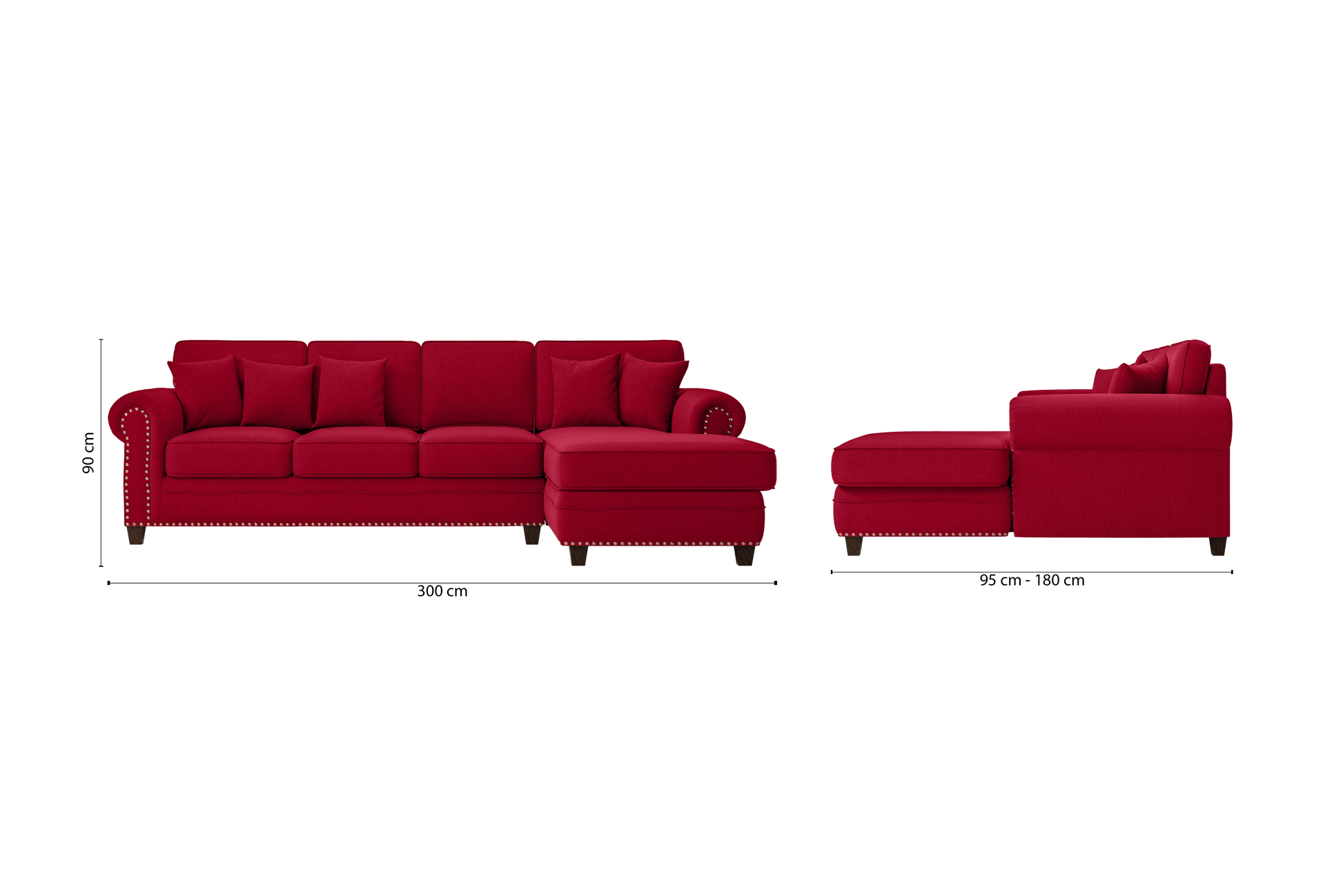 Marano 4 Seater Right Hand Facing Chaise Lounge Corner Sofa Red Linen Fabric