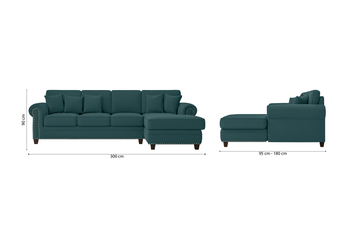 Marano 4 Seater Right Hand Facing Chaise Lounge Corner Sofa Teal Linen Fabric