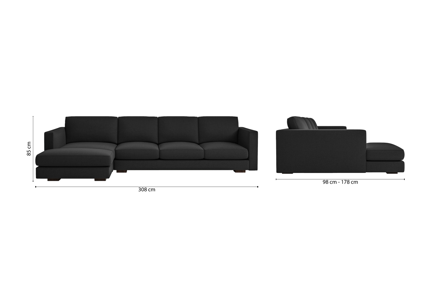 Messina 4 Seater Left Hand Facing Chaise Lounge Corner Sofa Black Linen Fabric