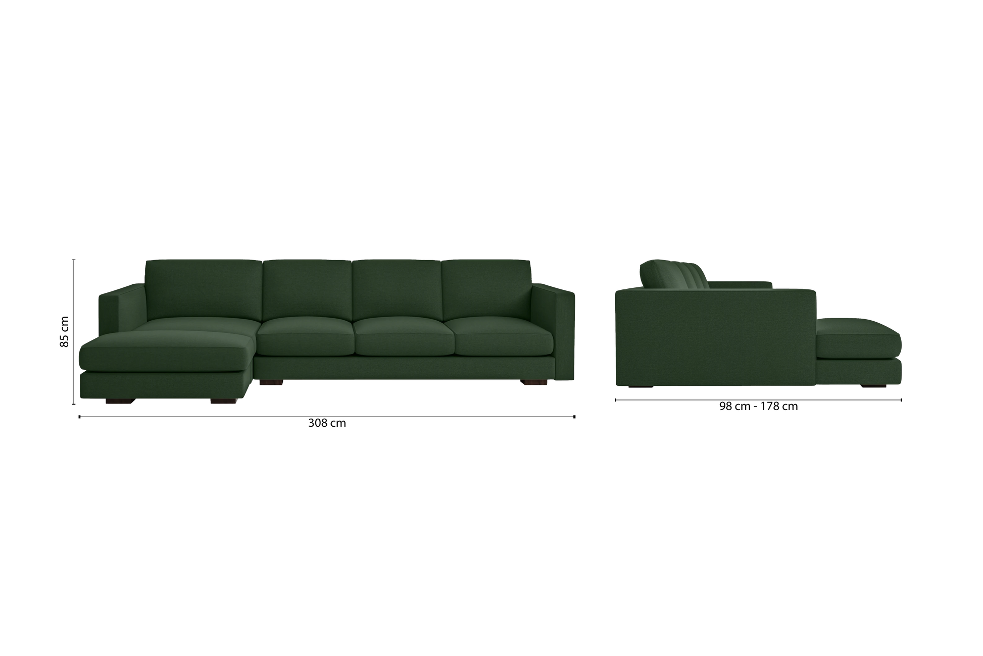 Messina 4 Seater Left Hand Facing Chaise Lounge Corner Sofa Forest Green Linen Fabric