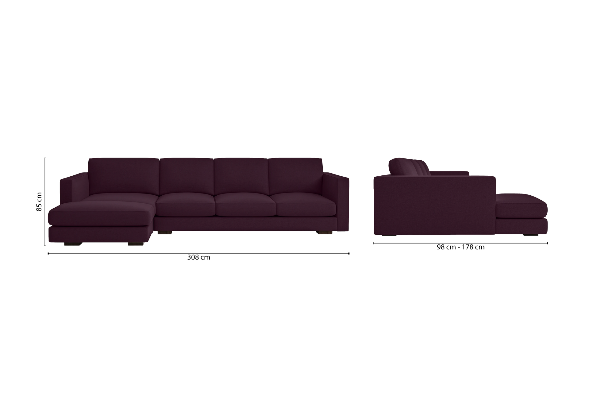 Messina 4 Seater Left Hand Facing Chaise Lounge Corner Sofa Purple Linen Fabric