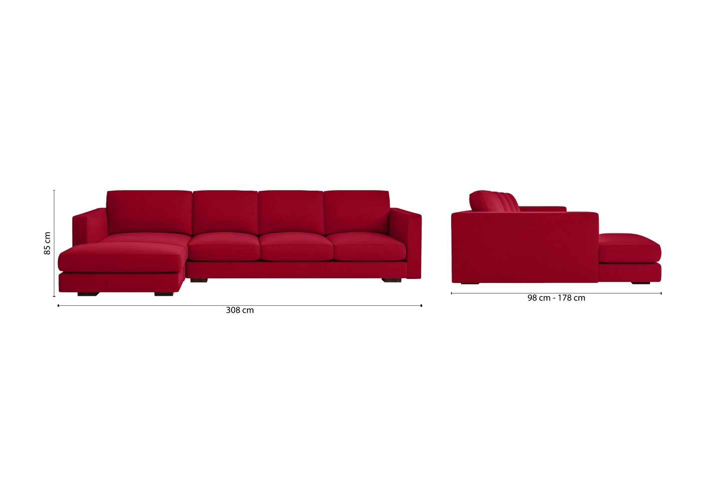 Messina 4 Seater Left Hand Facing Chaise Lounge Corner Sofa Red Linen Fabric