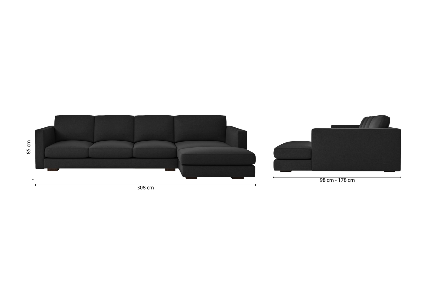 Messina 4 Seater Right Hand Facing Chaise Lounge Corner Sofa Black Linen Fabric