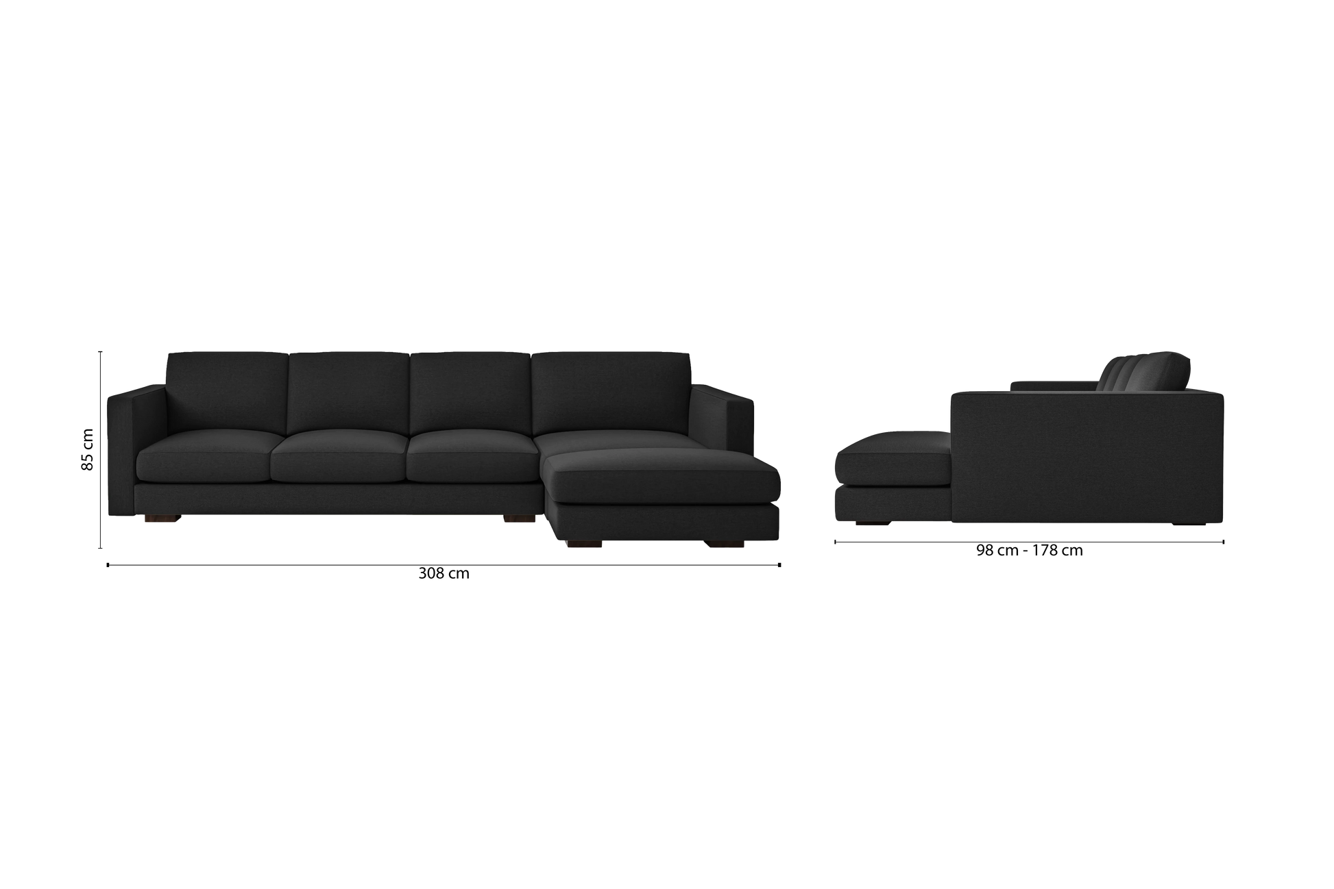 Messina 4 Seater Right Hand Facing Chaise Lounge Corner Sofa Black Linen Fabric