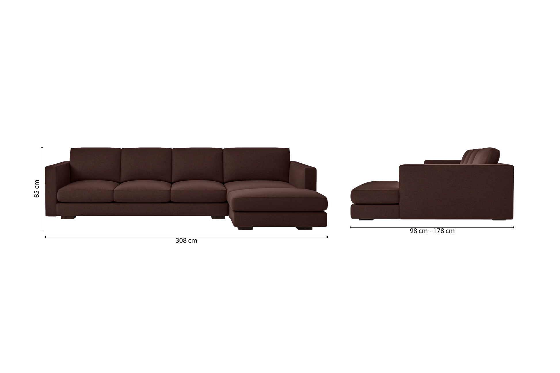 Messina 4 Seater Right Hand Facing Chaise Lounge Corner Sofa Coffee Brown Linen Fabric