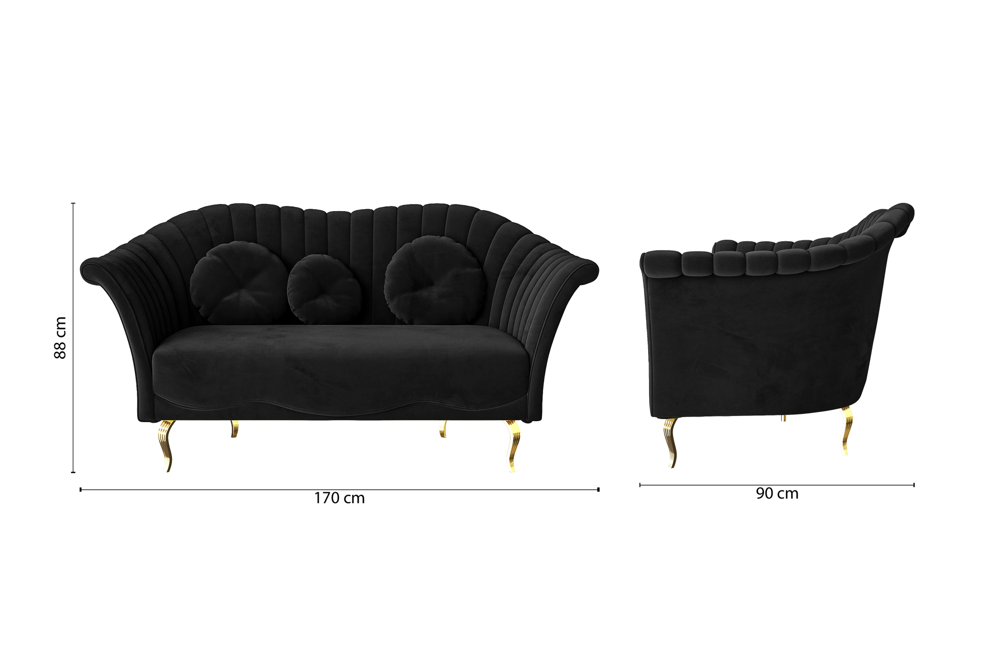 Milan 2 Seater Sofa Black Velvet