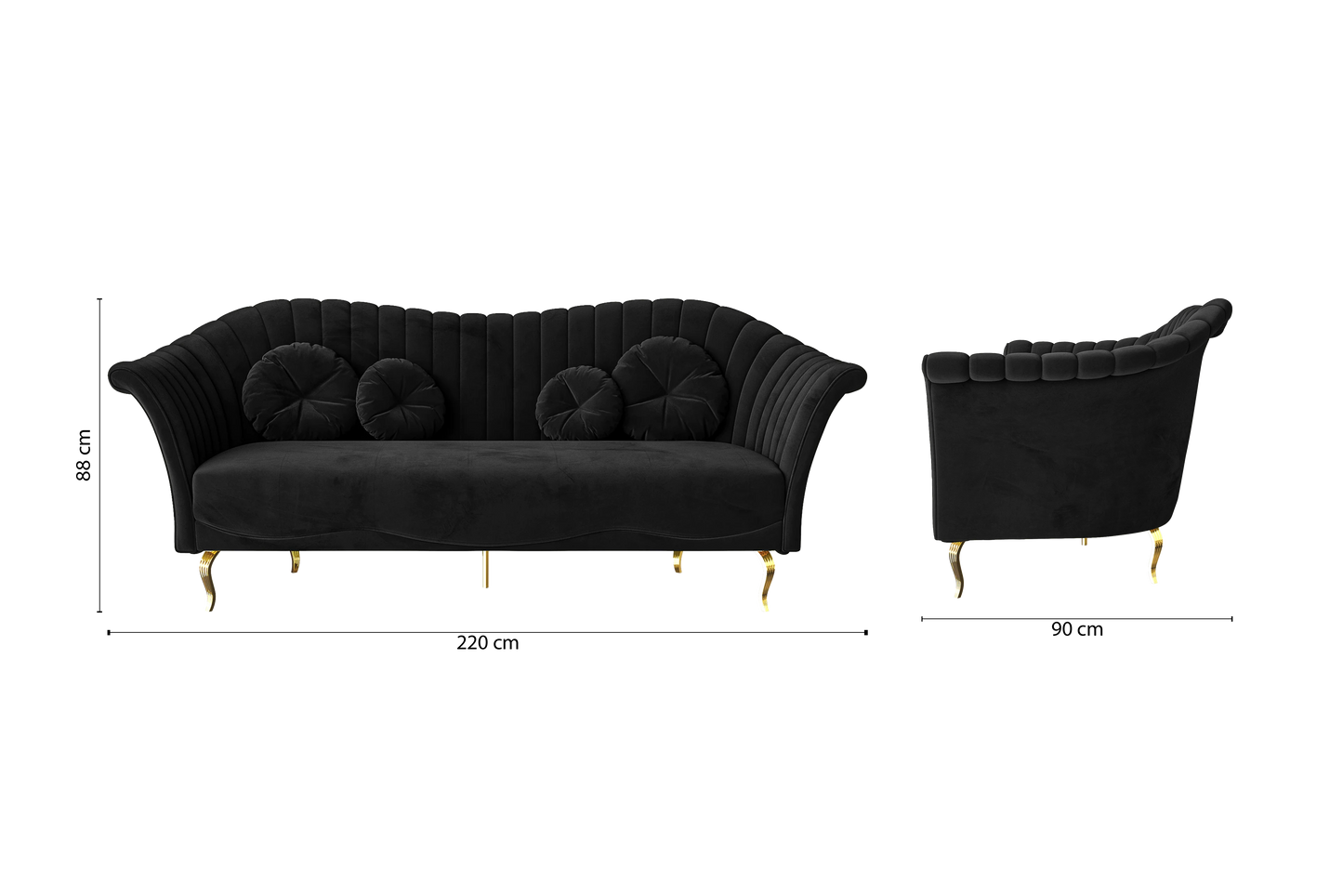 Milan 3 Seater Sofa Black Velvet