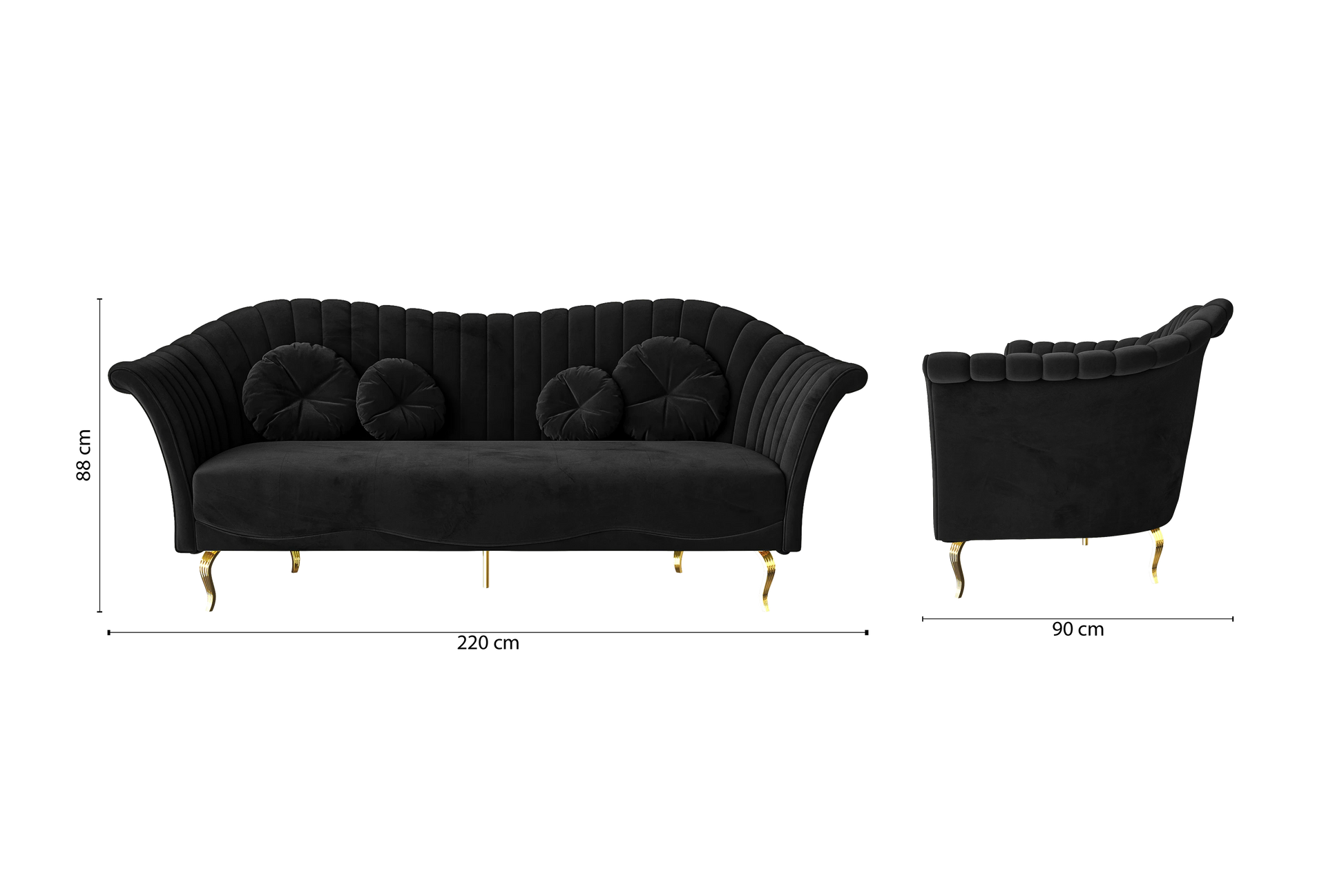 Milan 3 Seater Sofa Black Velvet