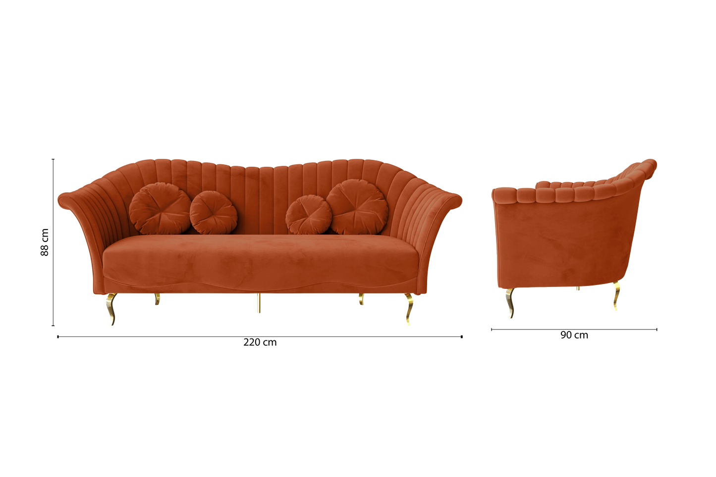 Milan 3 Seater Sofa Orange Velvet