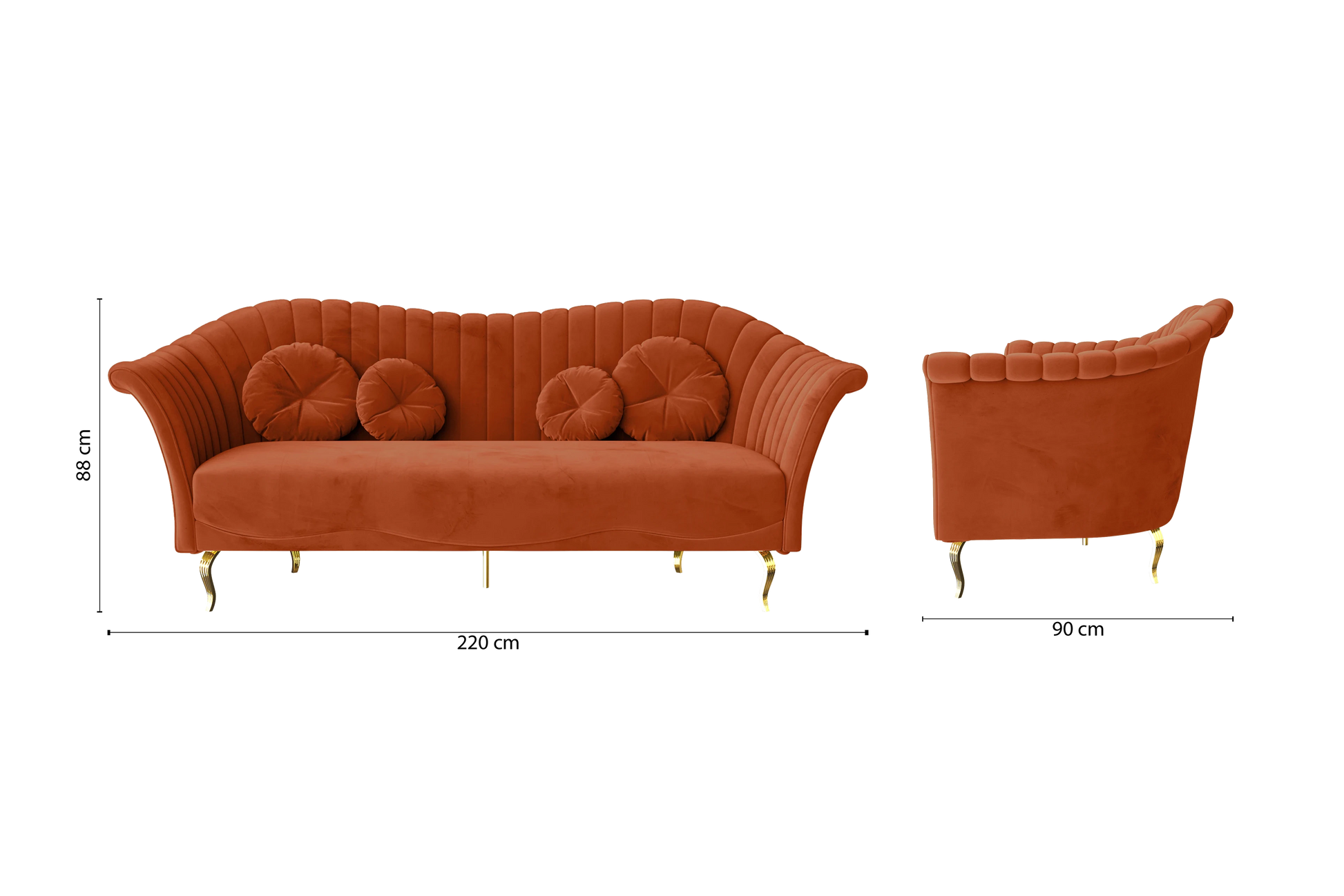 Milan 3 Seater Sofa Orange Velvet