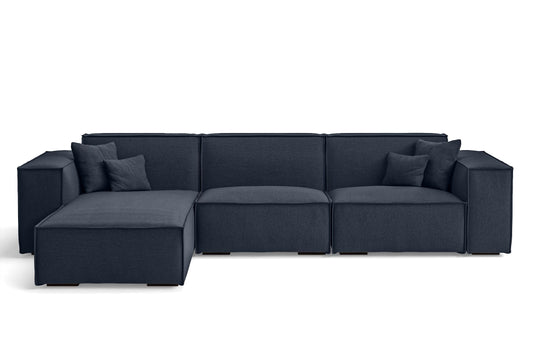 Naples 3 Seater Left Hand Facing Chaise Lounge Corner Sofa Dark Blue Linen Fabric