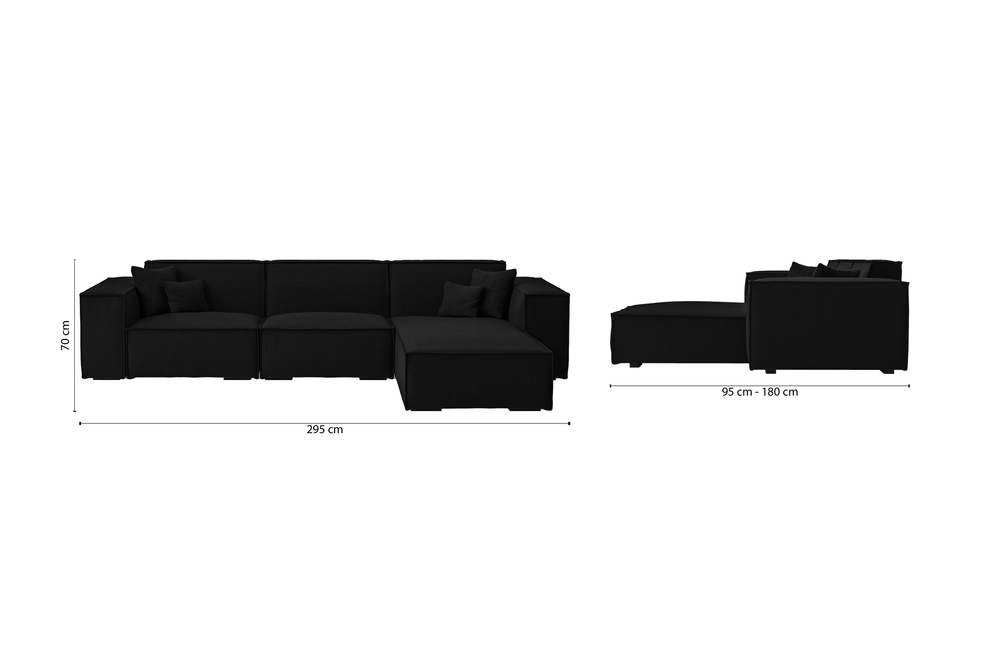 Naples 3 Seater Right Hand Facing Chaise Lounge Corner Sofa Black Linen Fabric