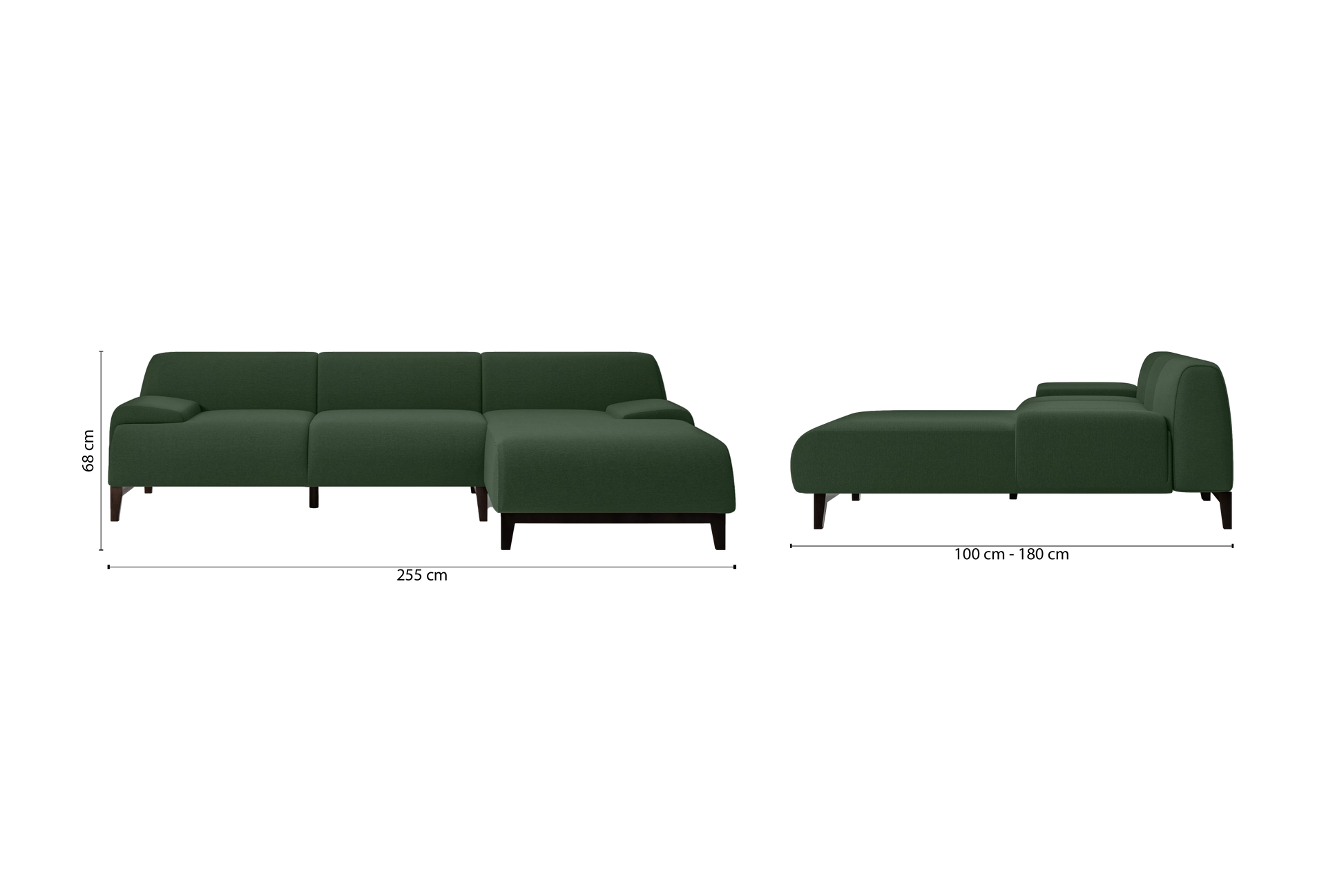 Pavia 3 Seater Right Hand Facing Chaise Lounge Corner Sofa Forest Green Linen Fabric