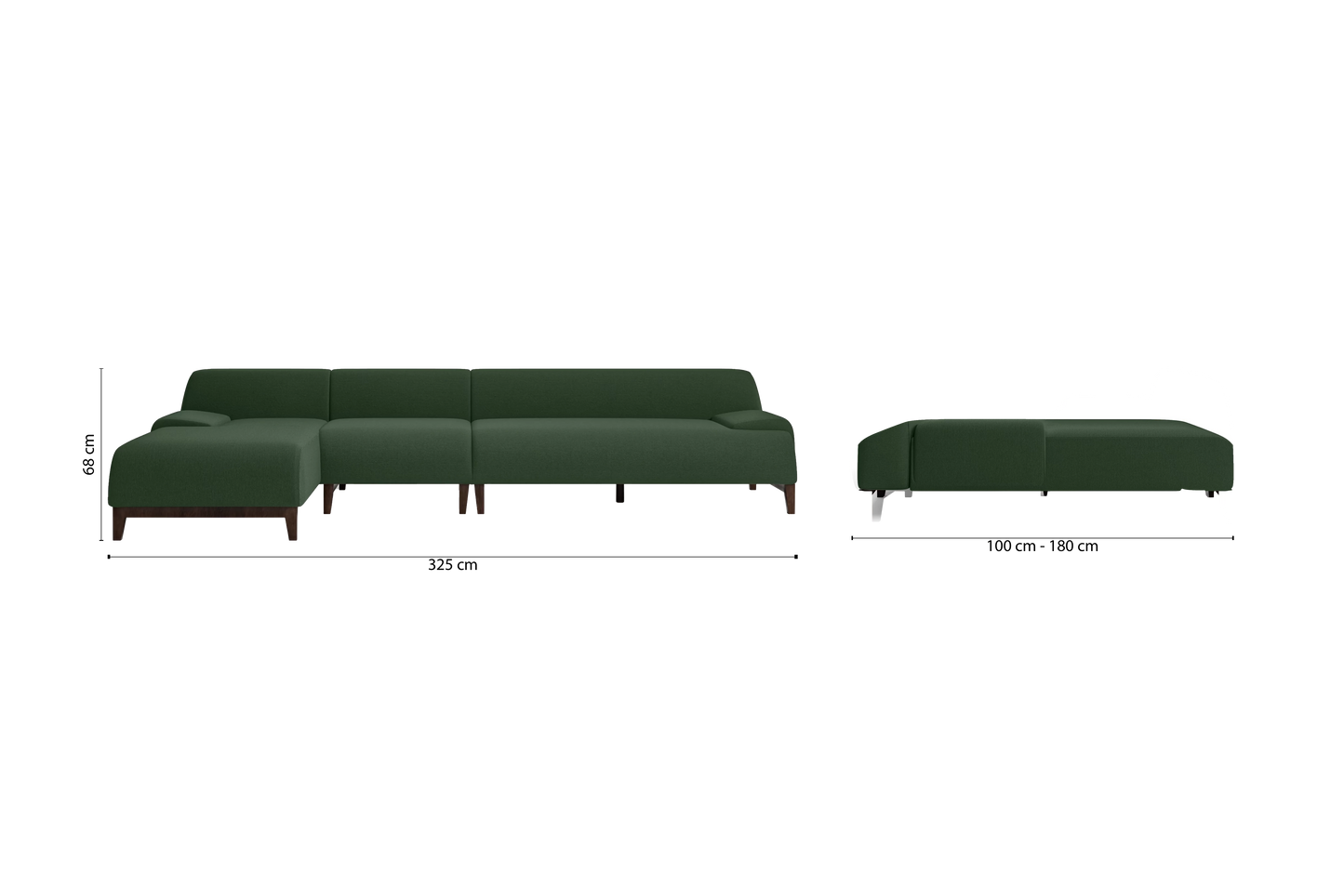 Pavia 4 Seater Left Hand Facing Chaise Lounge Corner Sofa Forest Green Linen Fabric