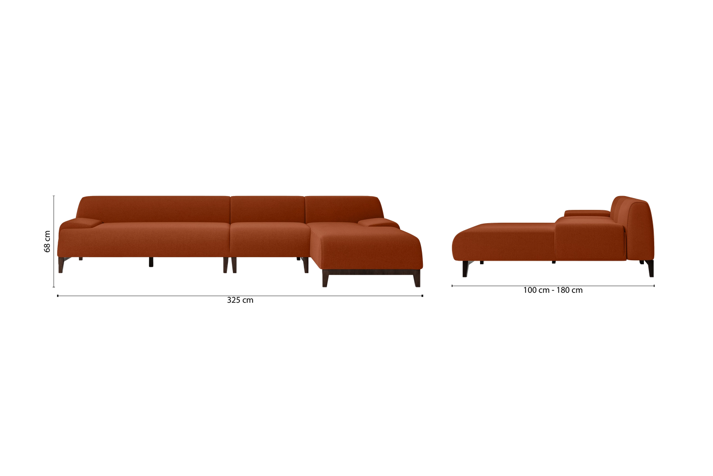 Pavia 4 Seater Right Hand Facing Chaise Lounge Corner Sofa Orange Linen Fabric