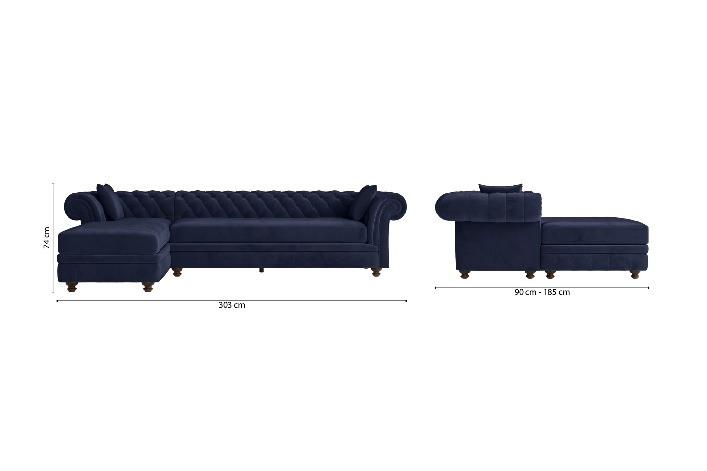 Pesaro 4 Seater Left Hand Facing Chaise Lounge Corner Sofa Dark Blue Velvet