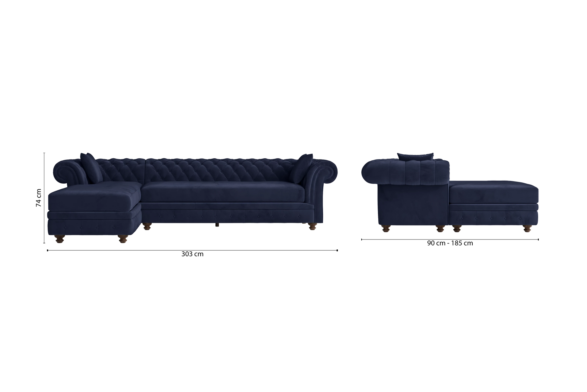 Pesaro 4 Seater Left Hand Facing Chaise Lounge Corner Sofa Dark Blue Velvet