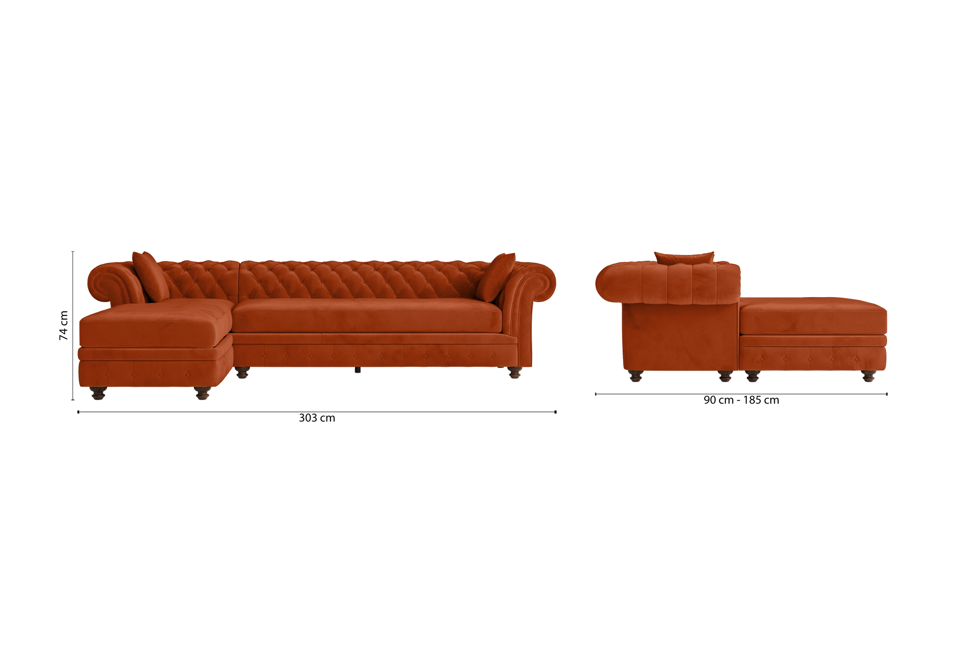 Pesaro 4 Seater Left Hand Facing Chaise Lounge Corner Sofa Orange Velvet