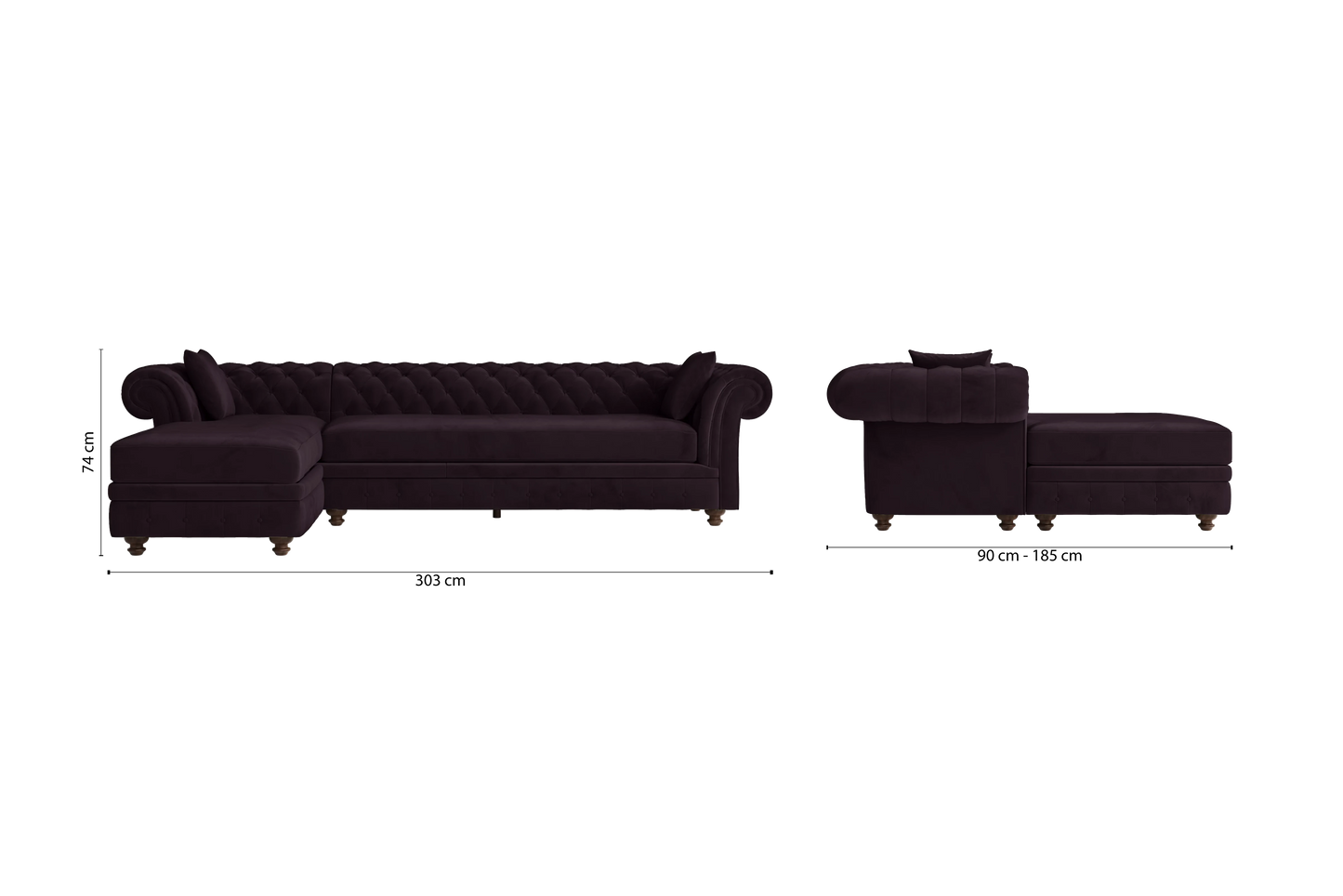 Pesaro 4 Seater Left Hand Facing Chaise Lounge Corner Sofa Purple Velvet