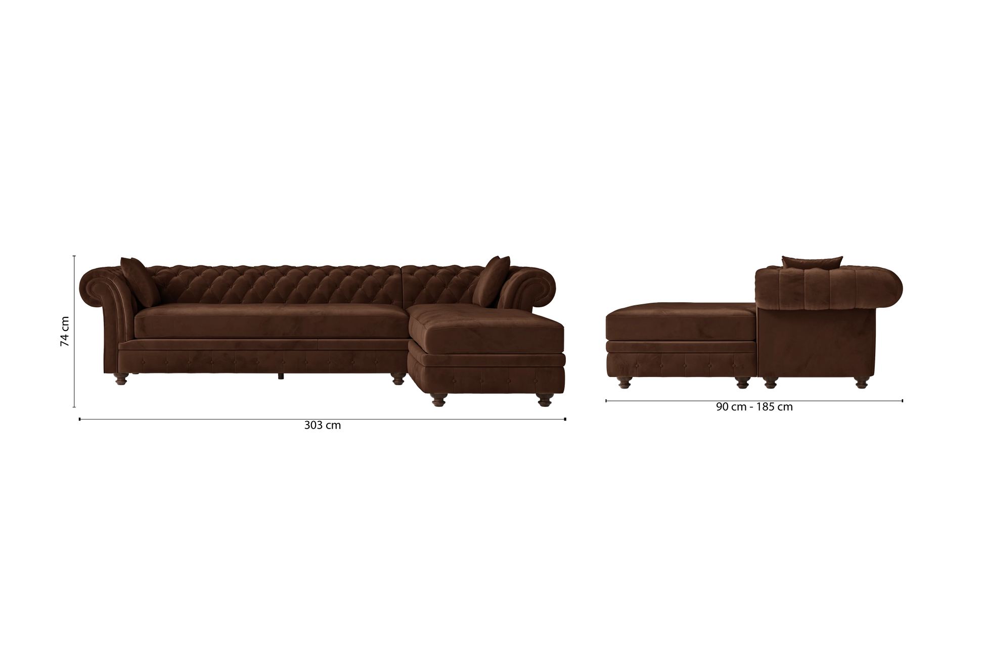 Pesaro 4 Seater Right Hand Facing Chaise Lounge Corner Sofa Coffee Brown Velvet