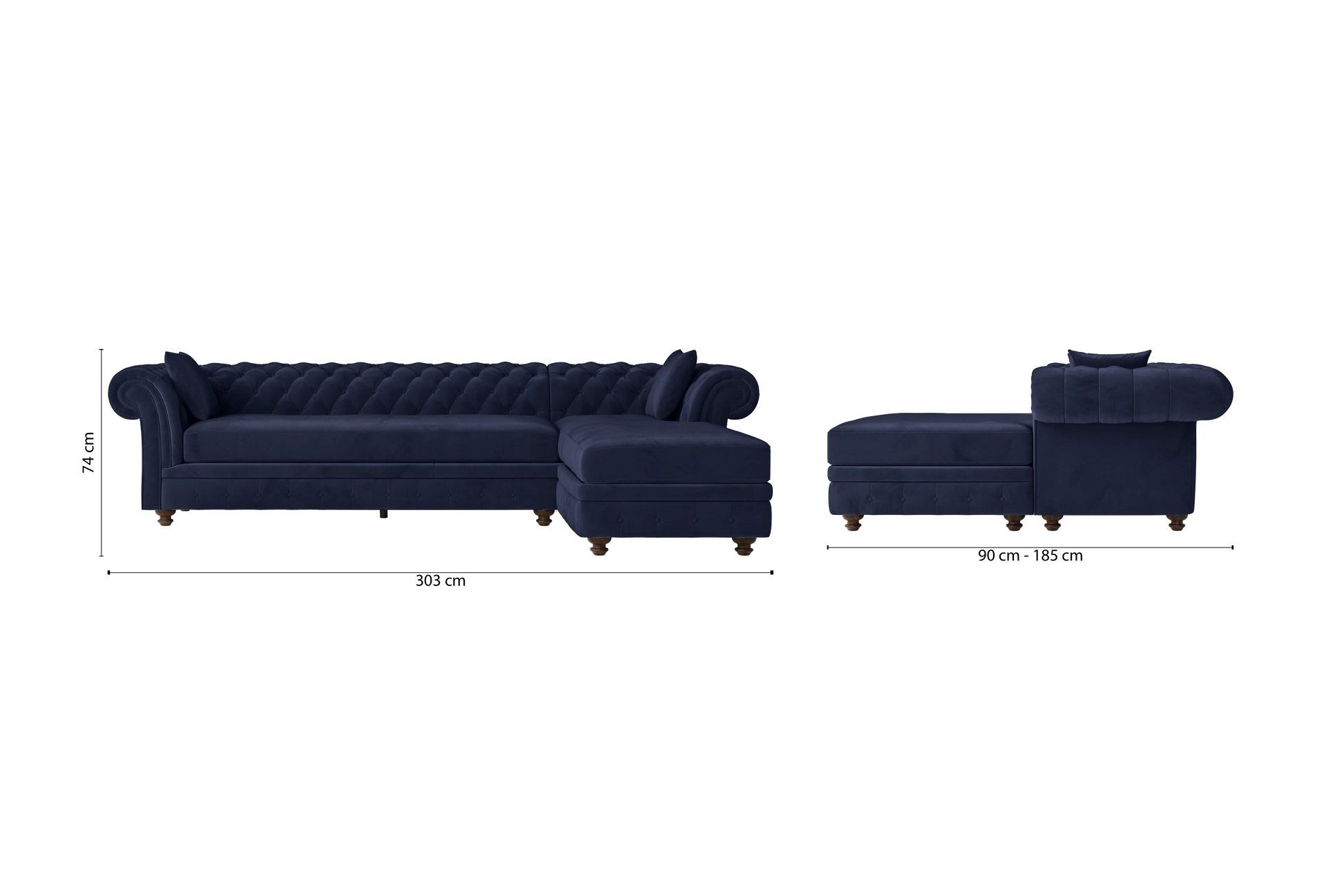 Pesaro 4 Seater Right Hand Facing Chaise Lounge Corner Sofa Dark Blue Velvet