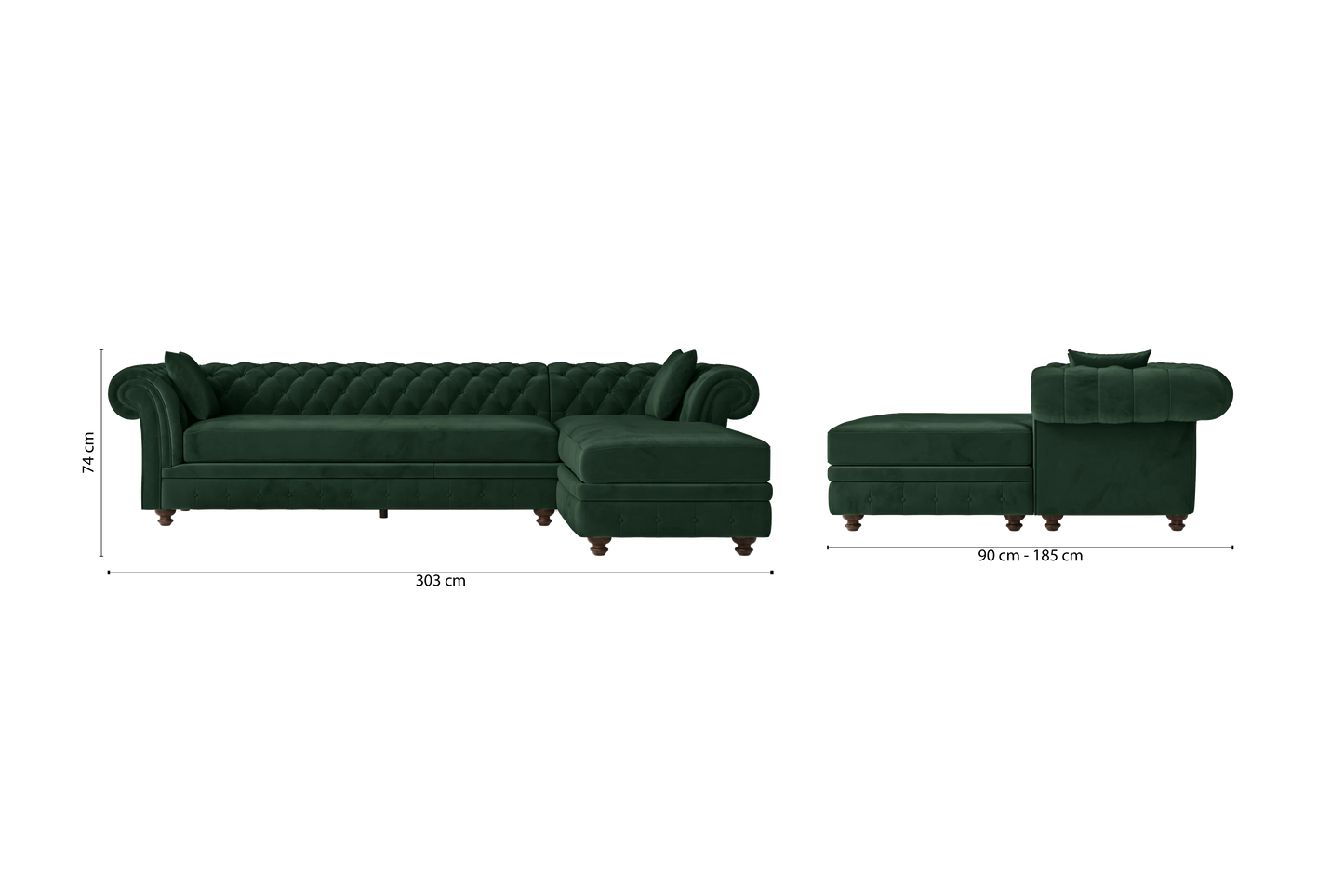 Pesaro 4 Seater Right Hand Facing Chaise Lounge Corner Sofa Green Velvet