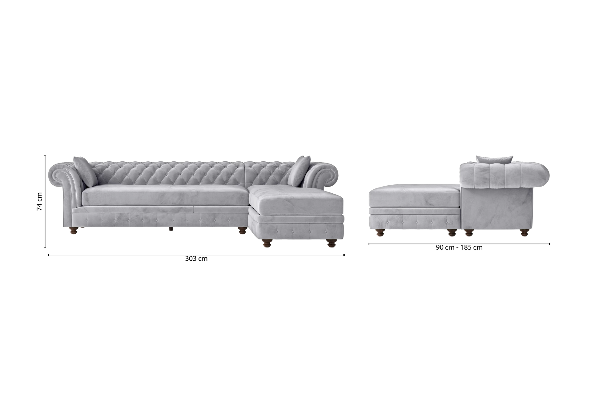 Pesaro 4 Seater Right Hand Facing Chaise Lounge Corner Sofa Silver Velvet