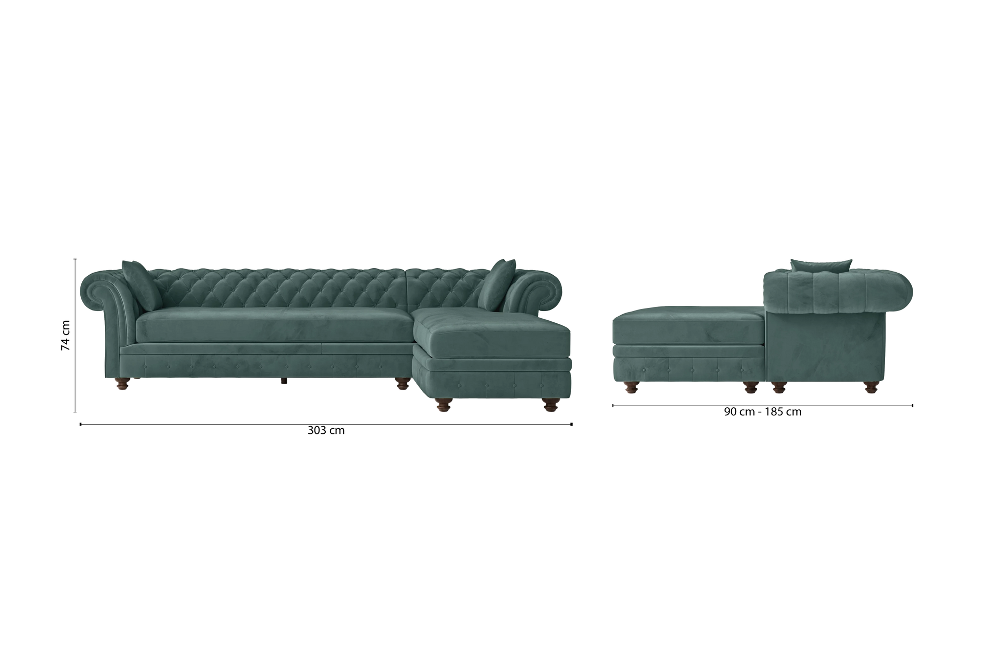 Pesaro 4 Seater Right Hand Facing Chaise Lounge Corner Sofa Teal Velvet