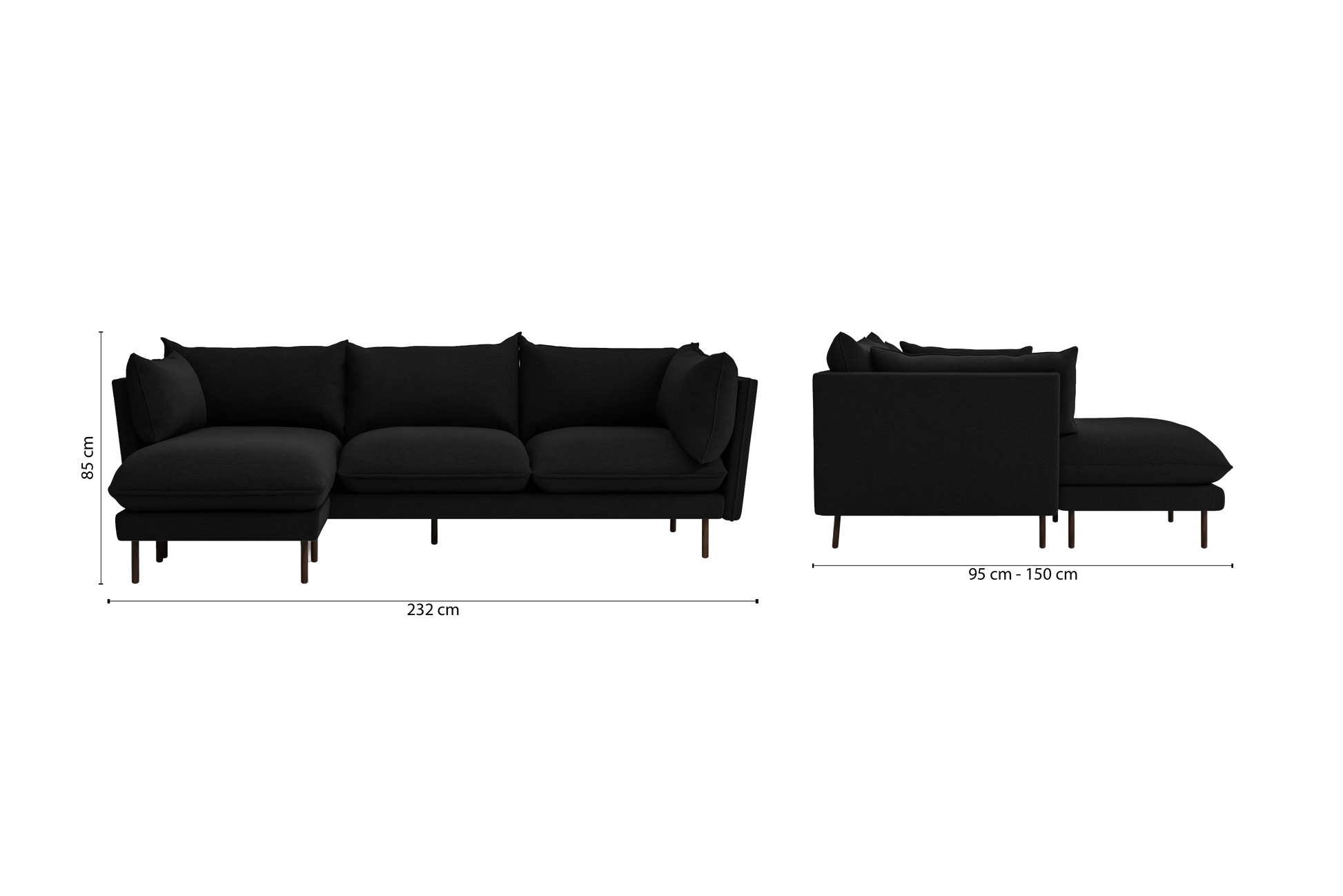 Pistoia 3 Seater Left Hand Facing Chaise Lounge Corner Sofa Black Linen Fabric