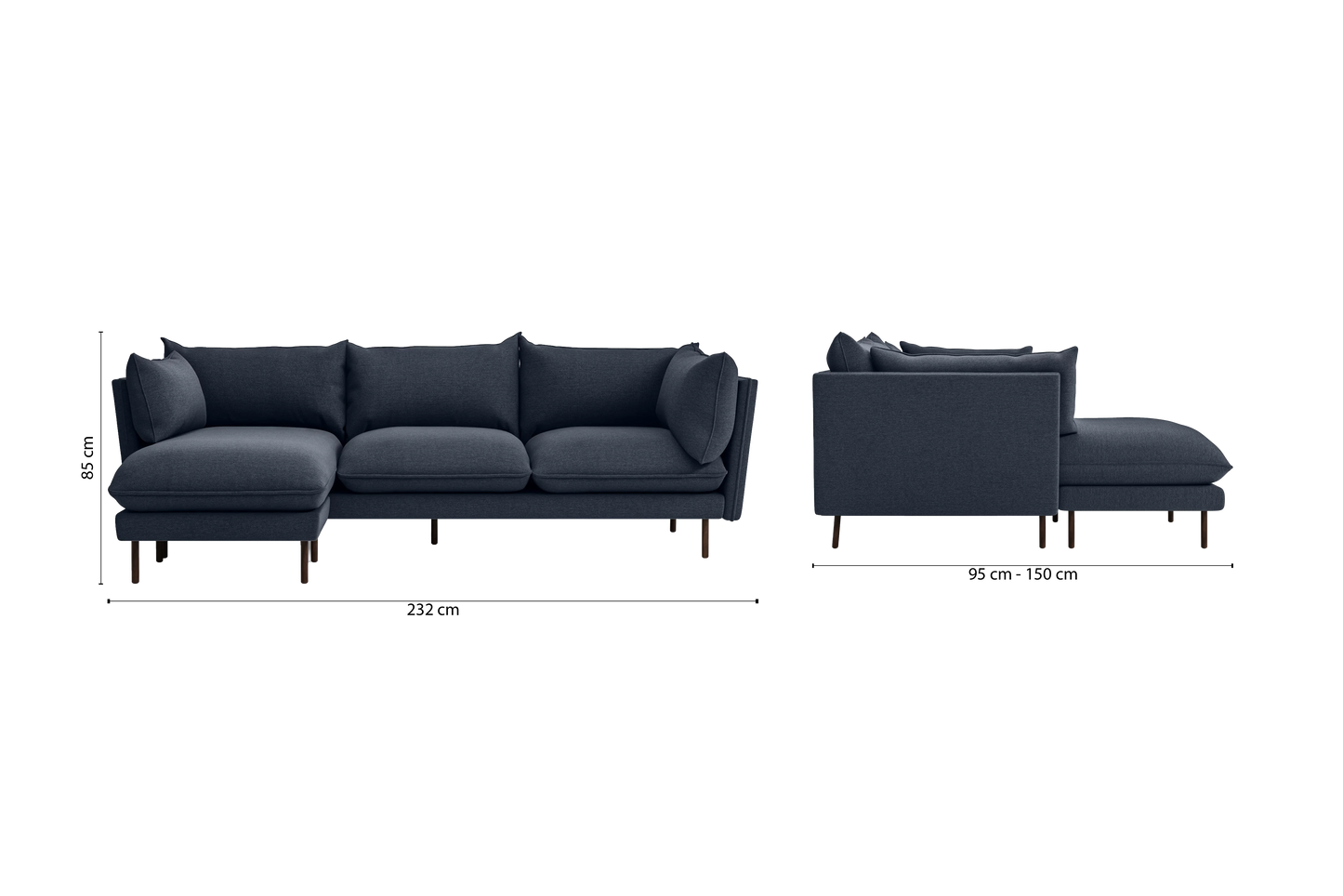 Pistoia 3 Seater Left Hand Facing Chaise Lounge Corner Sofa Dark Blue Linen Fabric