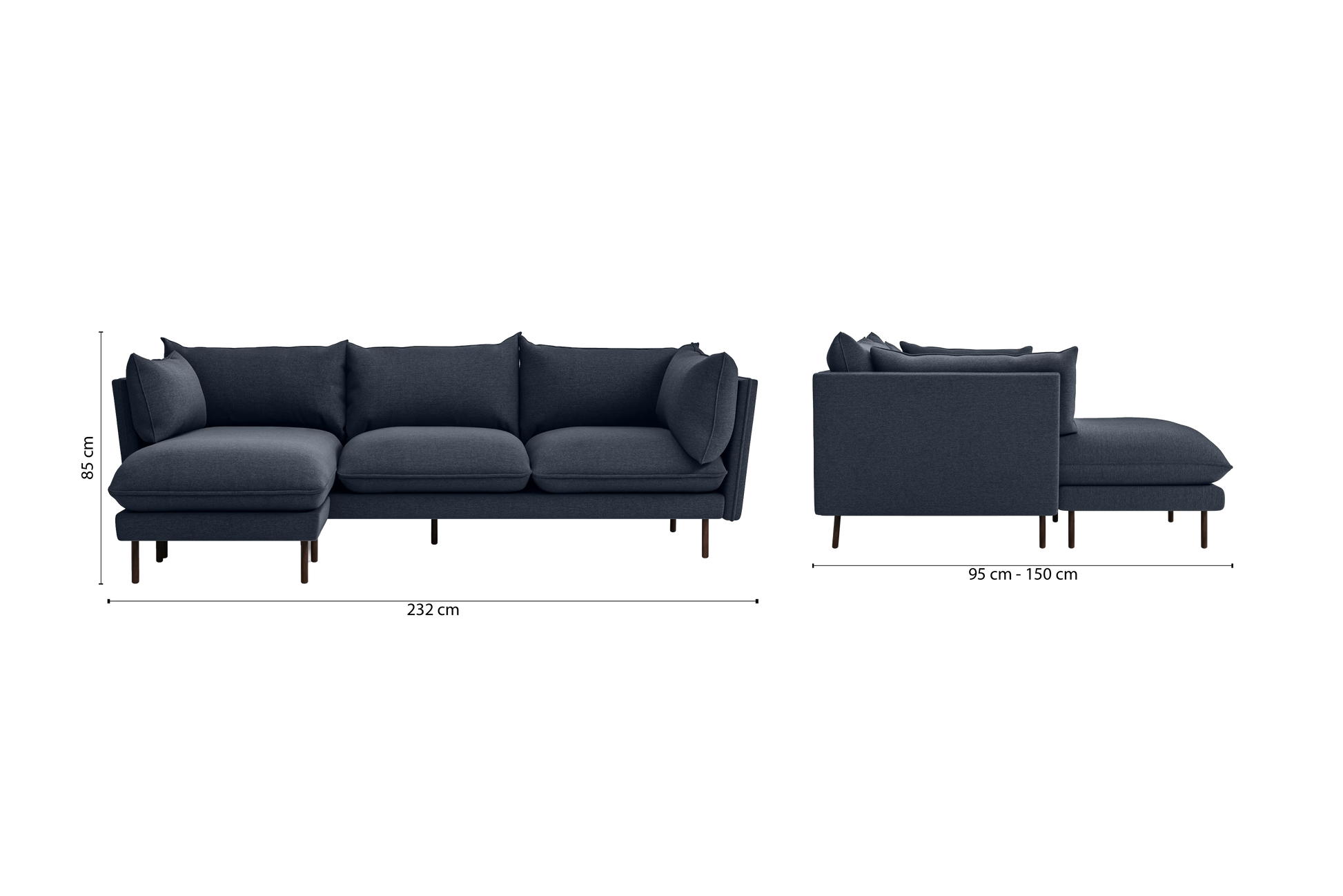 Pistoia 3 Seater Left Hand Facing Chaise Lounge Corner Sofa Dark Blue Linen Fabric