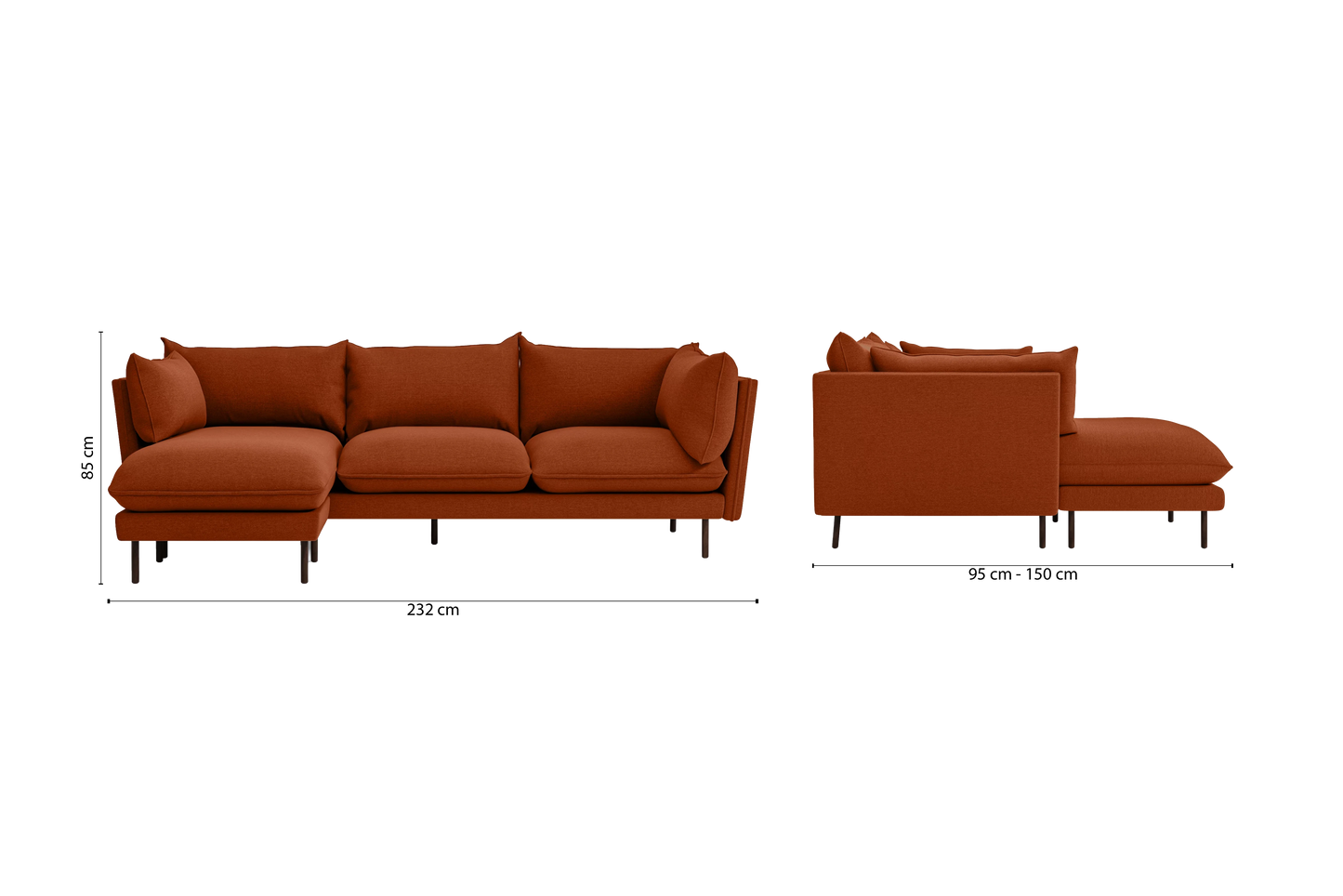 Pistoia 3 Seater Left Hand Facing Chaise Lounge Corner Sofa Orange Linen Fabric