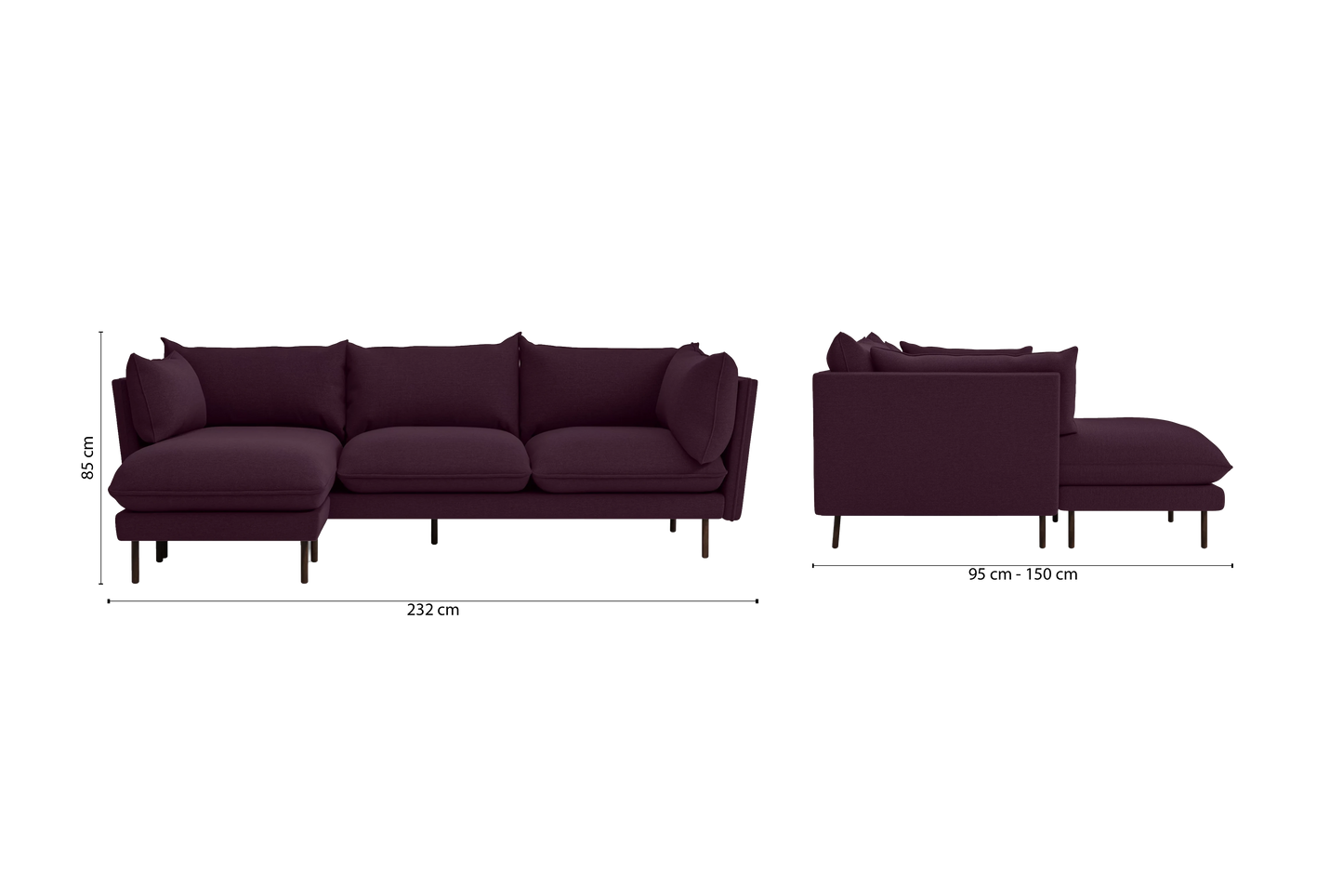 Pistoia 3 Seater Left Hand Facing Chaise Lounge Corner Sofa Purple Linen Fabric