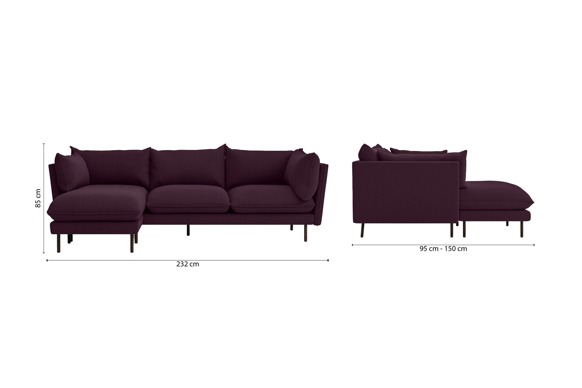 Pistoia 3 Seater Left Hand Facing Chaise Lounge Corner Sofa Purple Linen Fabric