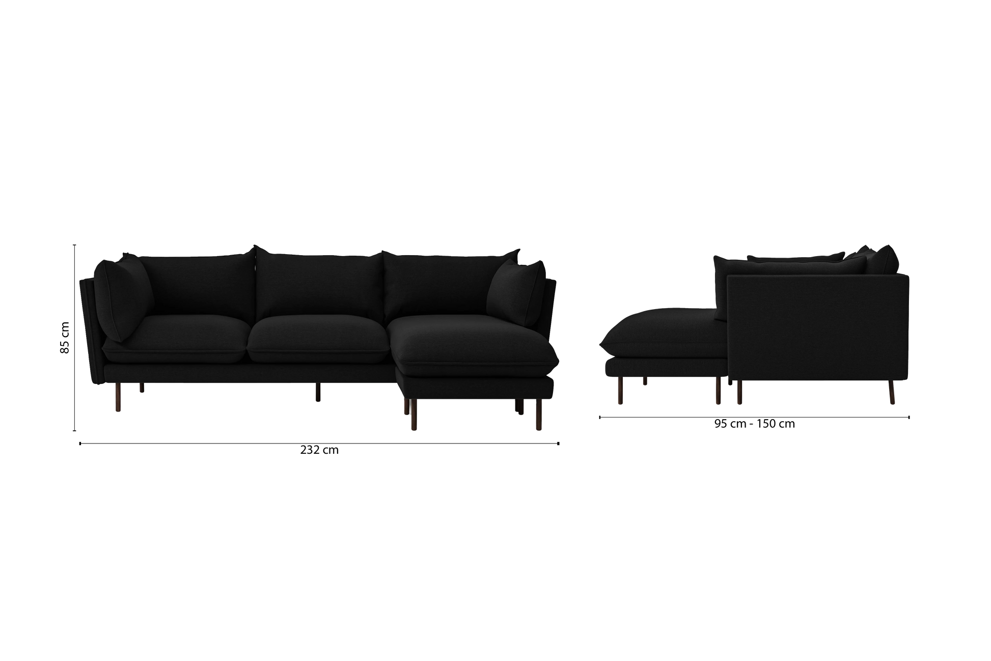 Pistoia 3 Seater Right Hand Facing Chaise Lounge Corner Sofa Black Linen Fabric