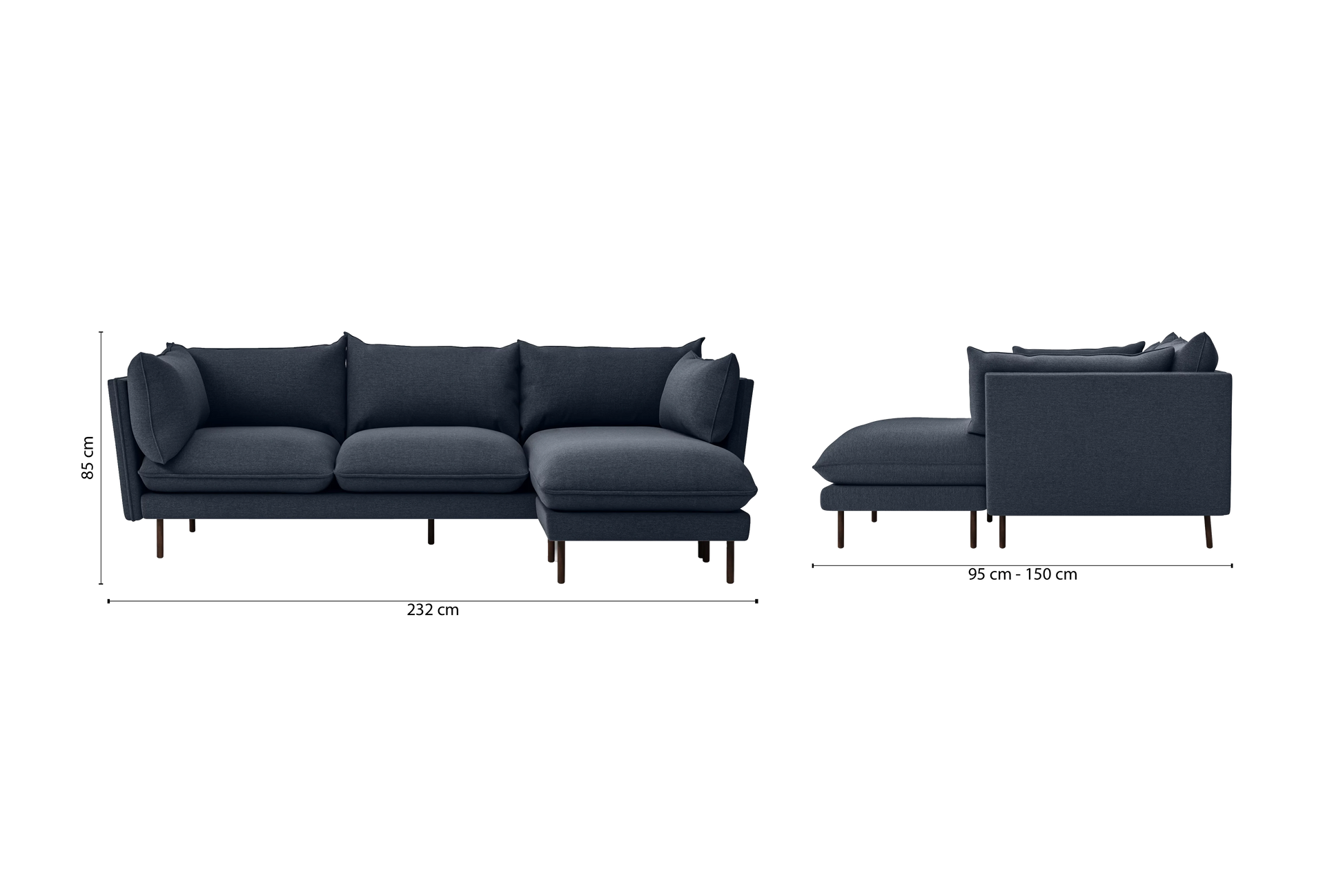 Pistoia 3 Seater Right Hand Facing Chaise Lounge Corner Sofa Dark Blue Linen Fabric